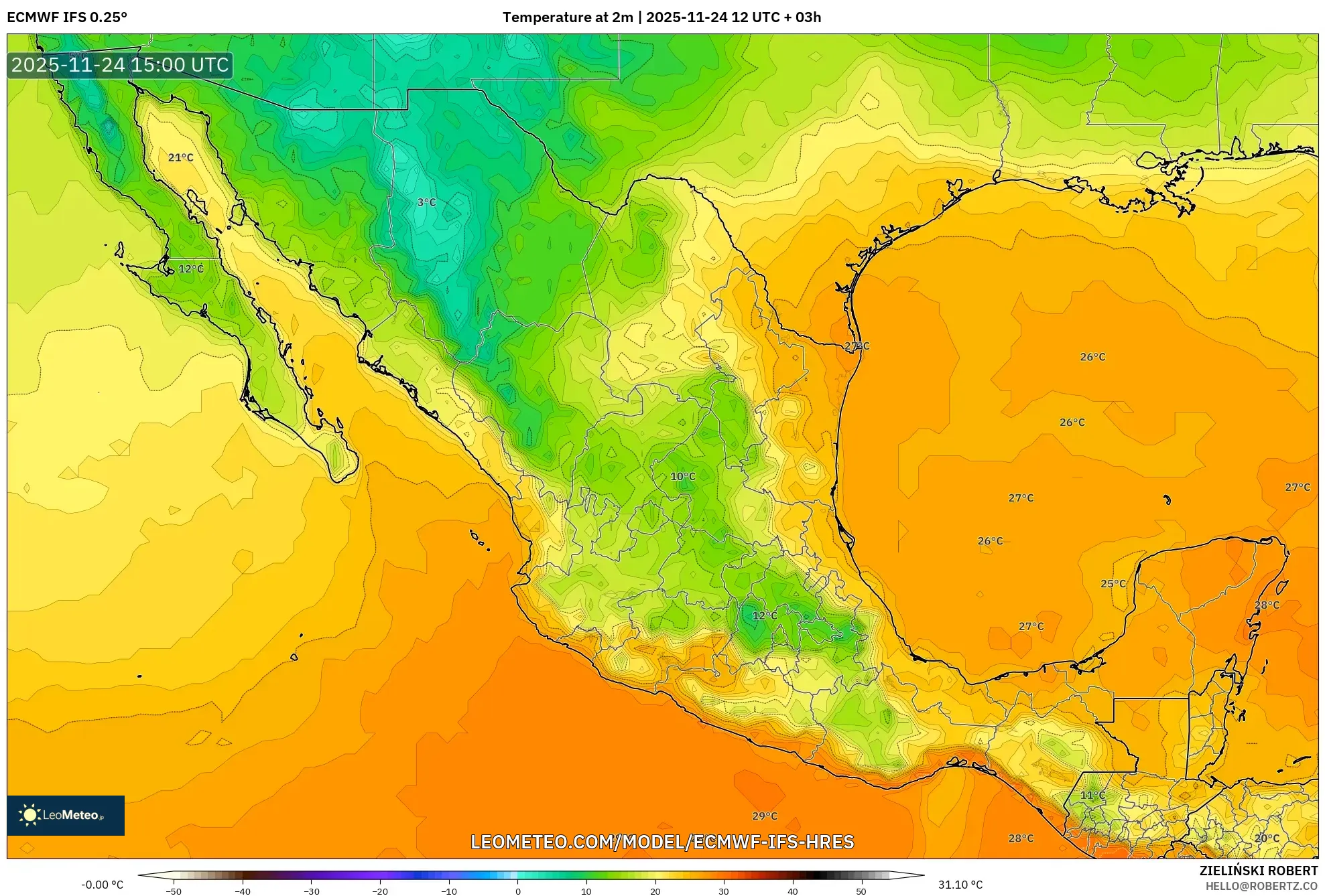 ECMWF IFS 0.25° model - Mexico, Temperature at 2m