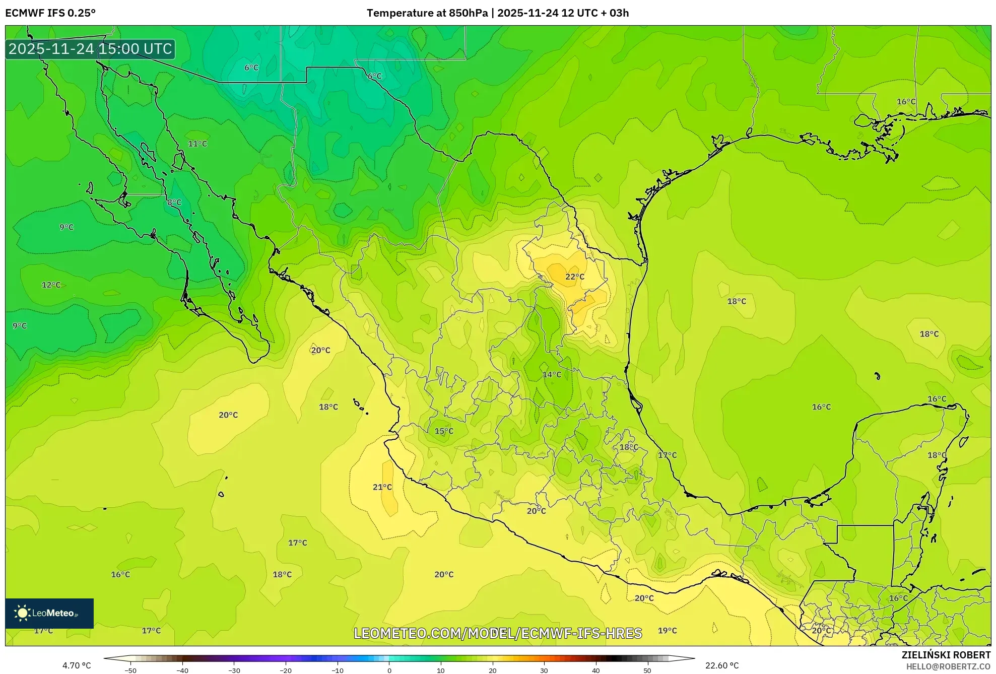ECMWF IFS 0.25° model - Mexico, Temperature at 850hPa