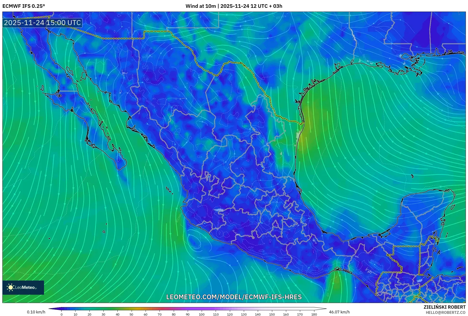 ECMWF IFS 0.25° model - Mexico, Wind at 10m