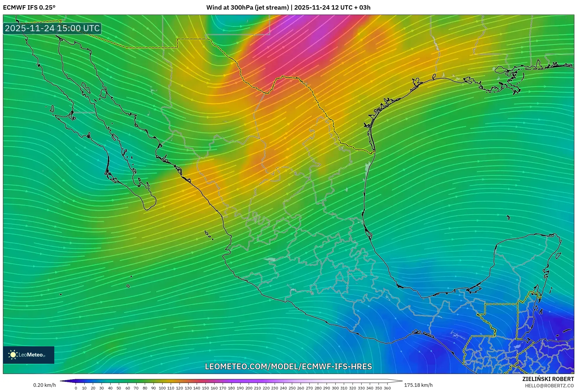ECMWF IFS 0.25° model - Mexico, Wind at 300hPa (jet stream)
