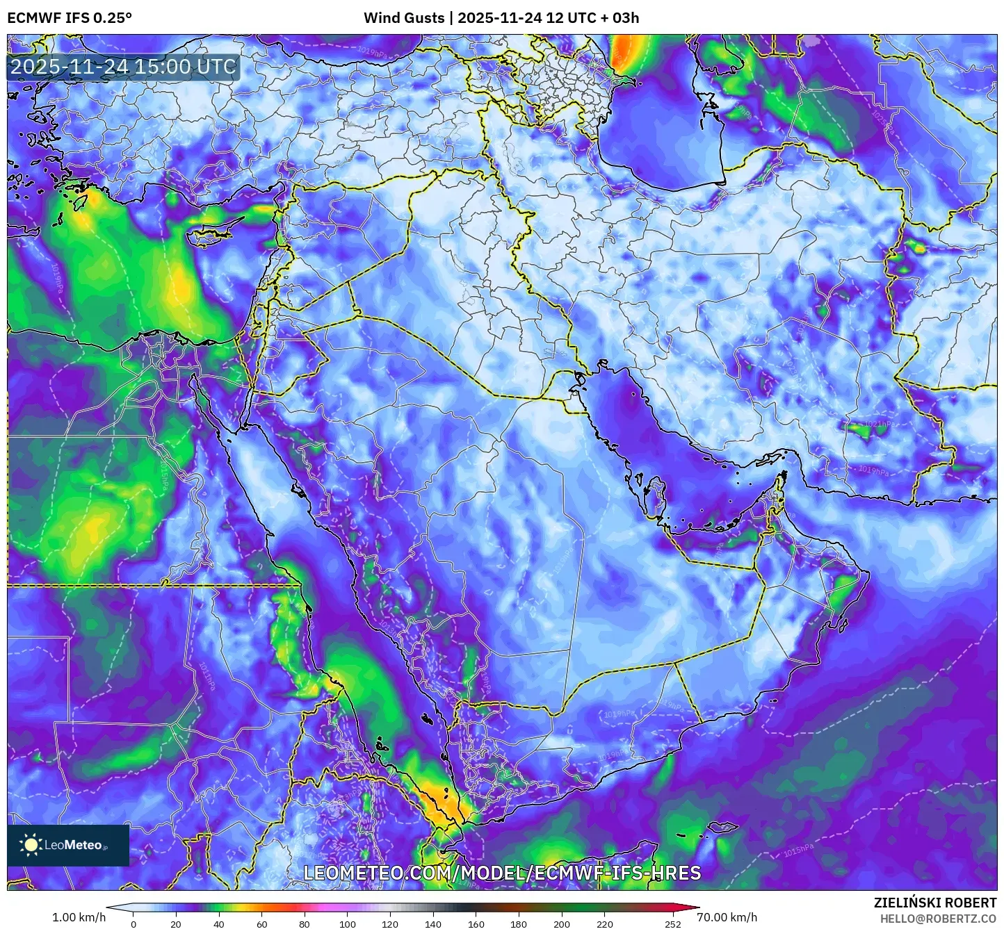 ECMWF IFS 0.25° model - Middle East, Wind Gusts