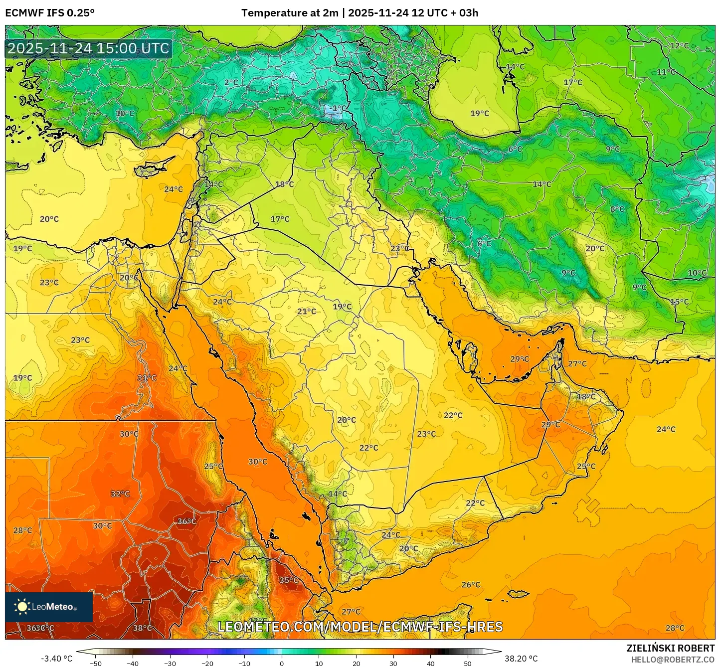 ECMWF IFS 0.25° model - Middle East, Temperature at 2m