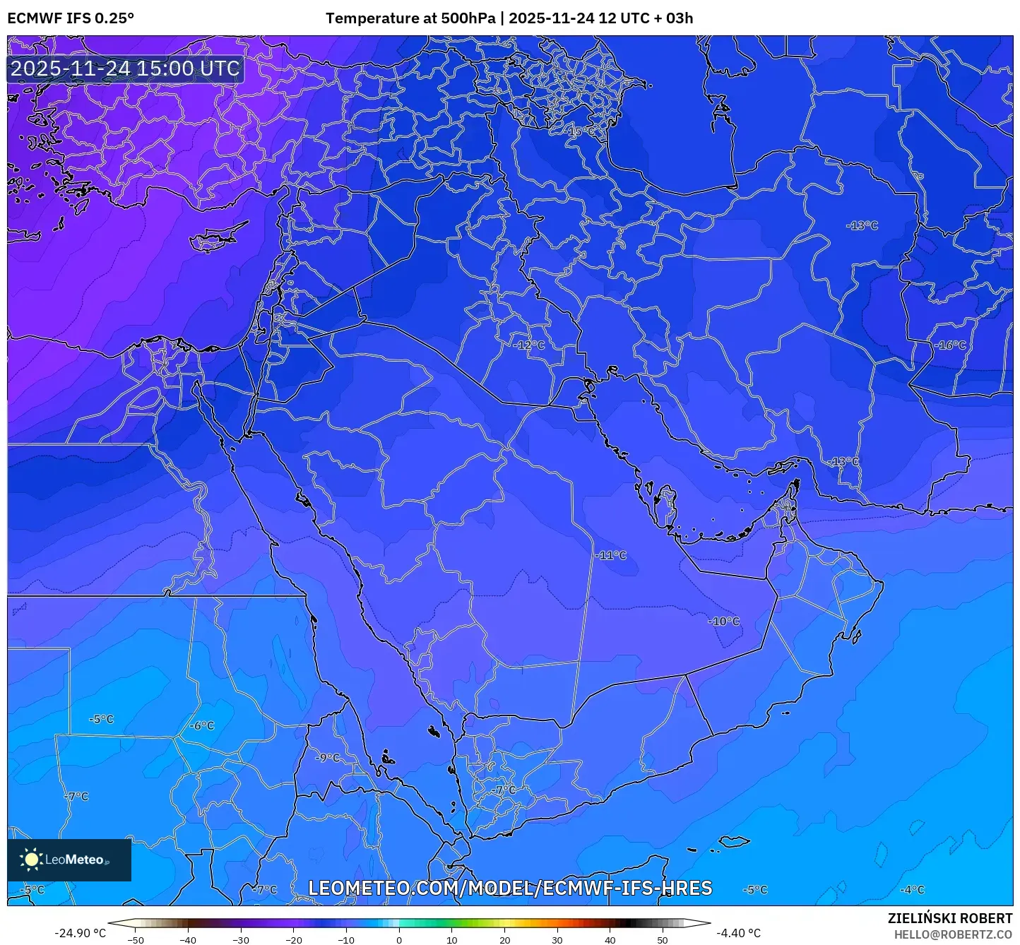 ECMWF IFS 0.25° model - Middle East, Temperature at 500hPa