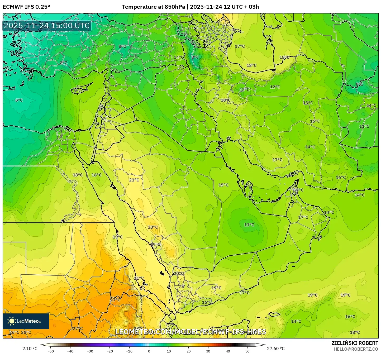 ECMWF IFS 0.25° model - Middle East, Temperature at 850hPa