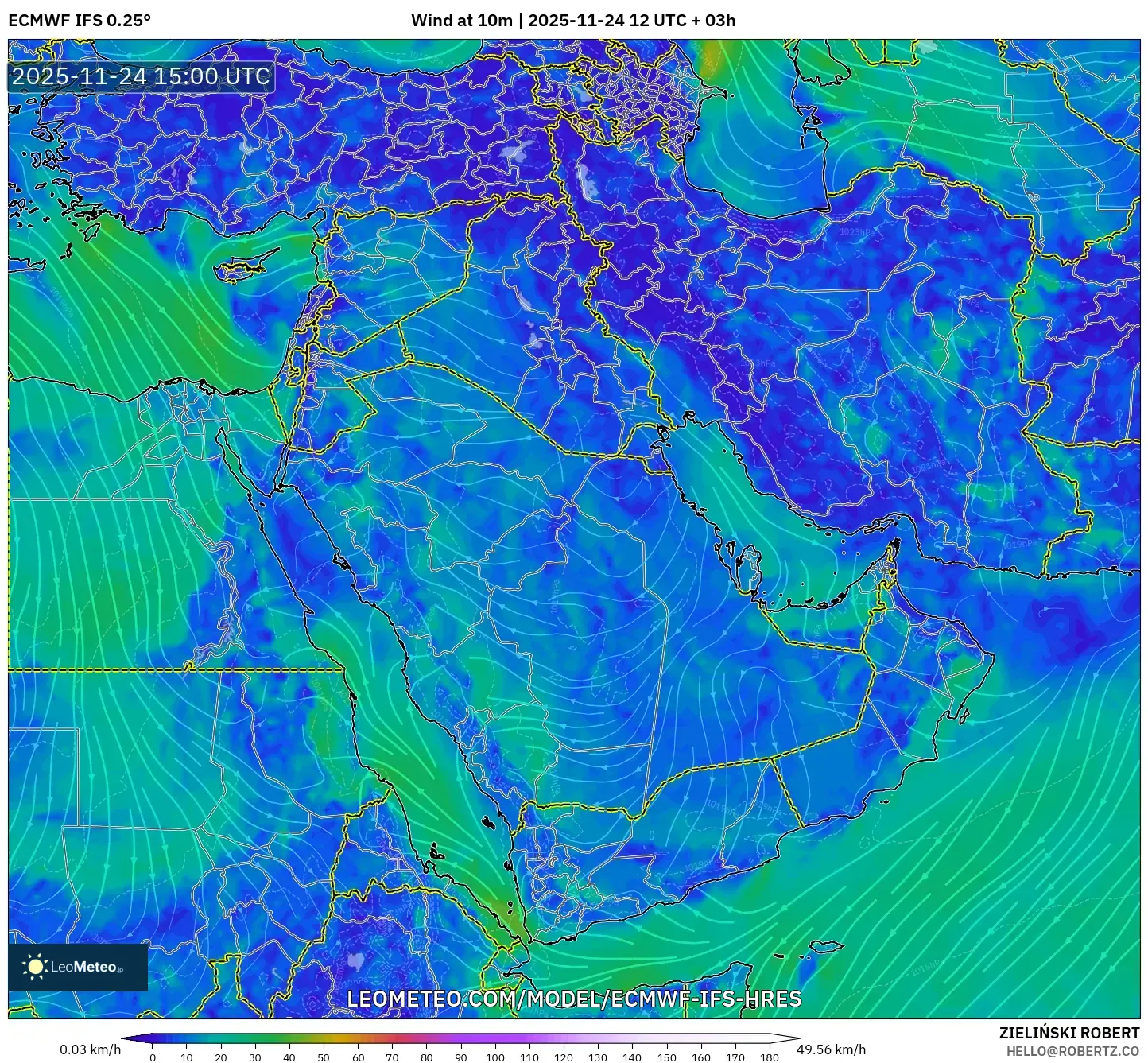 ECMWF IFS 0.25° model - Middle East, Wind at 10m