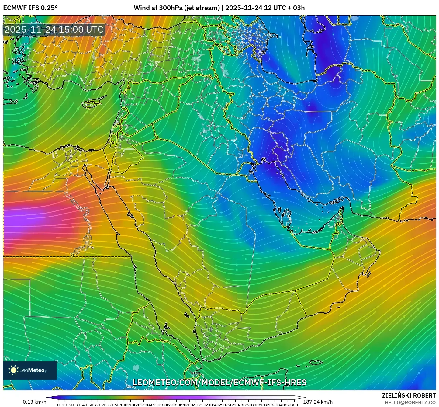 ECMWF IFS 0.25° model - Middle East, Wind at 300hPa (jet stream)