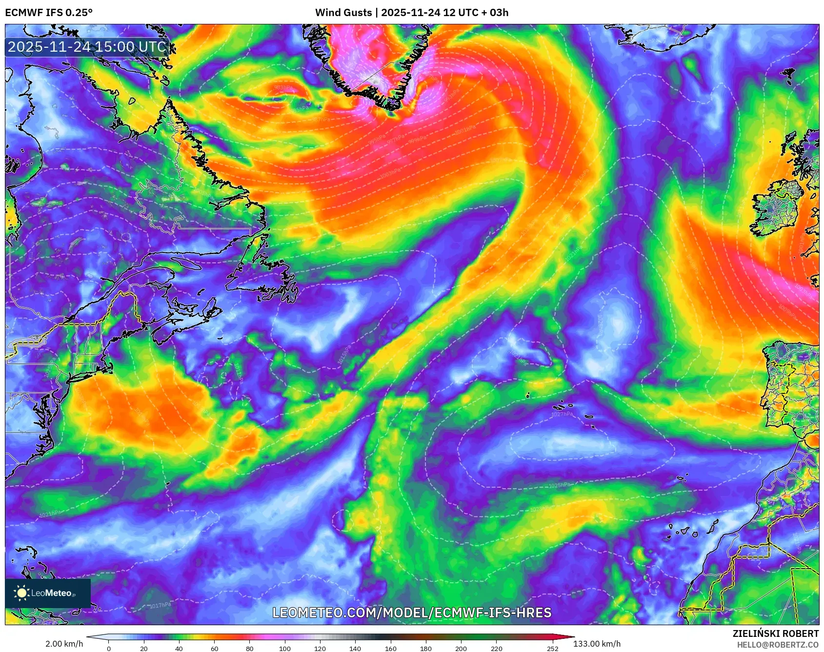 ECMWF IFS 0.25° model - North Atlantic, Wind Gusts