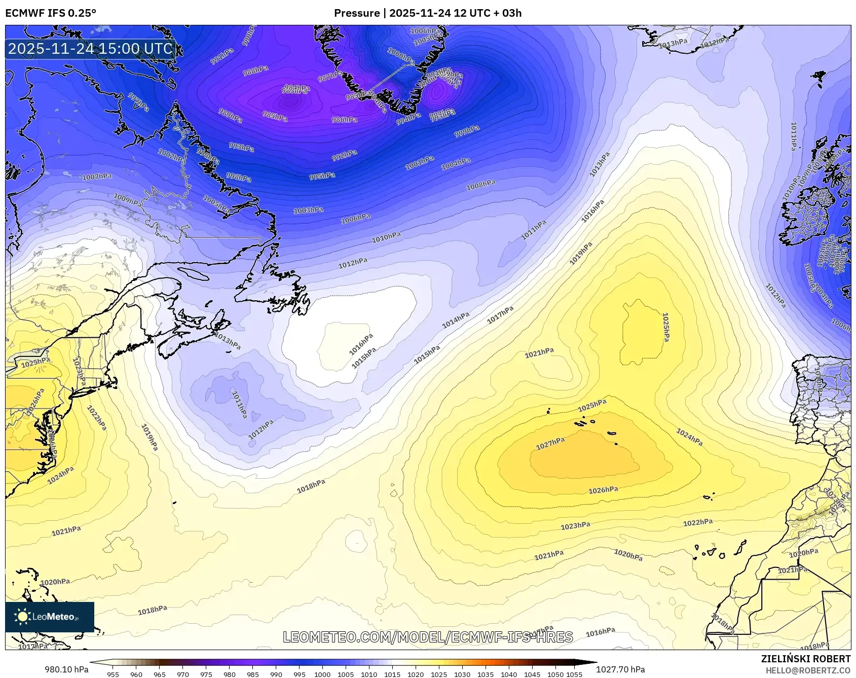 ECMWF IFS 0.25° model - North Atlantic, Pressure