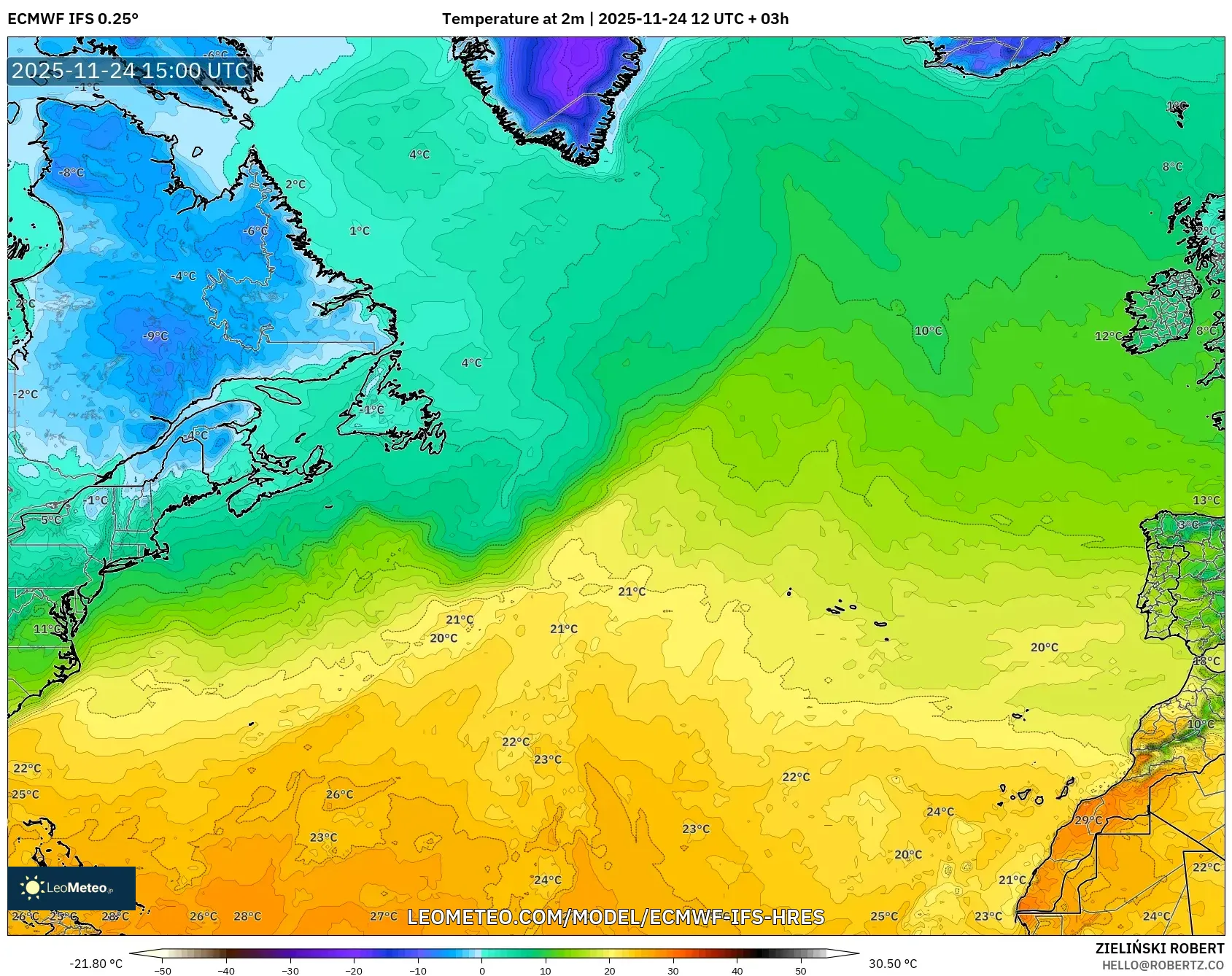 ECMWF IFS 0.25° model - North Atlantic, Temperature at 2m