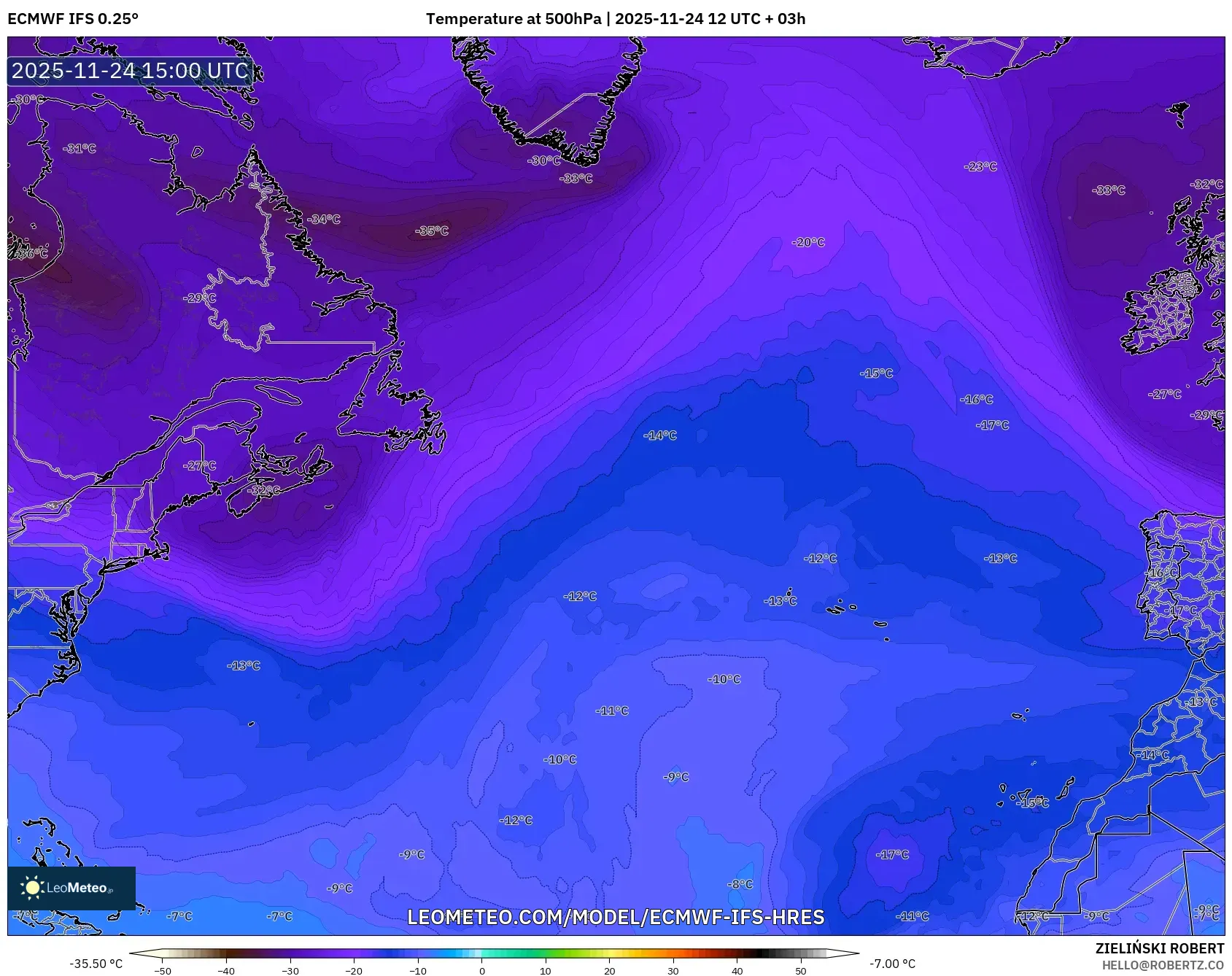 ECMWF IFS 0.25° model - North Atlantic, Temperature at 500hPa