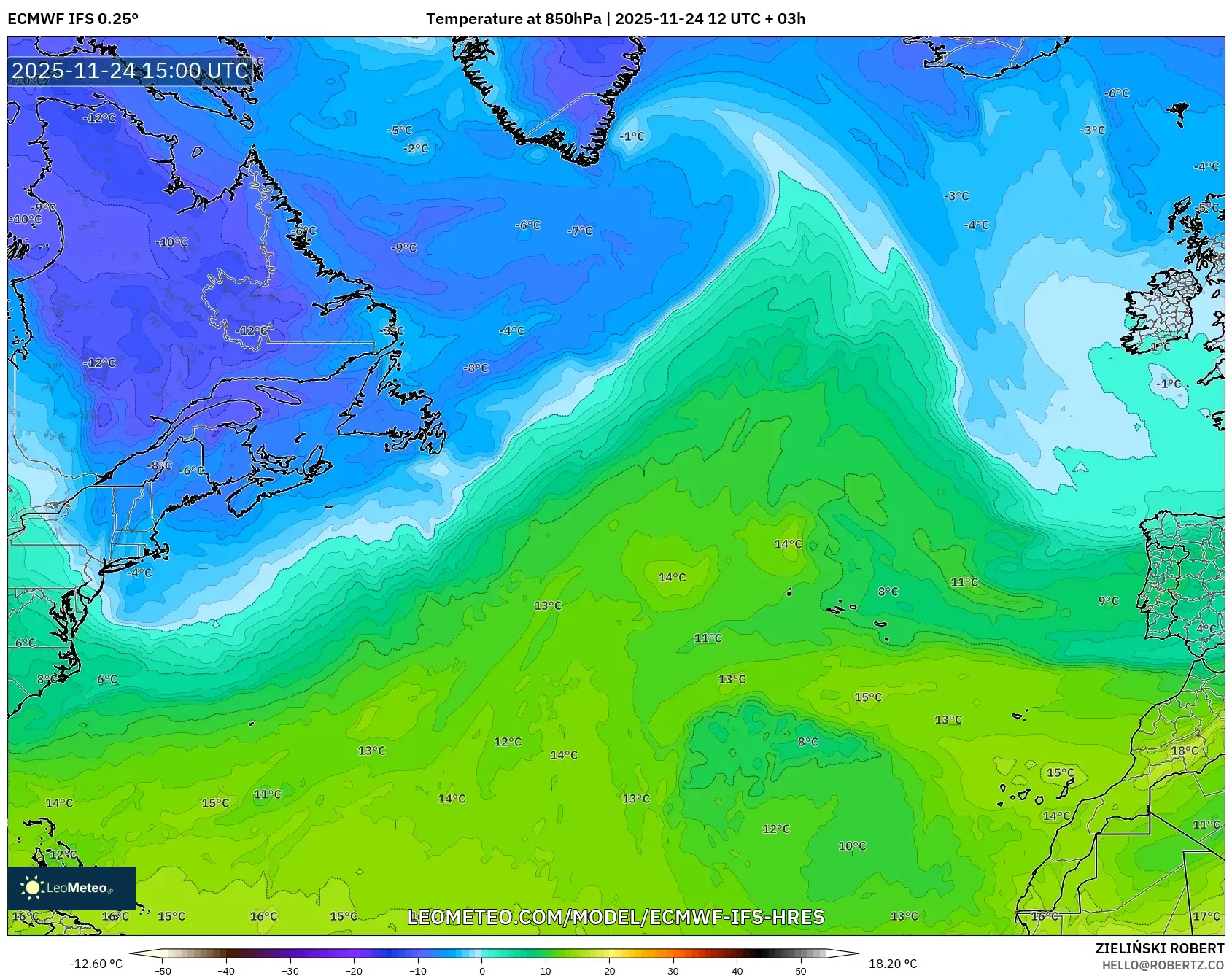 ECMWF IFS 0.25° model - North Atlantic, Temperature at 850hPa