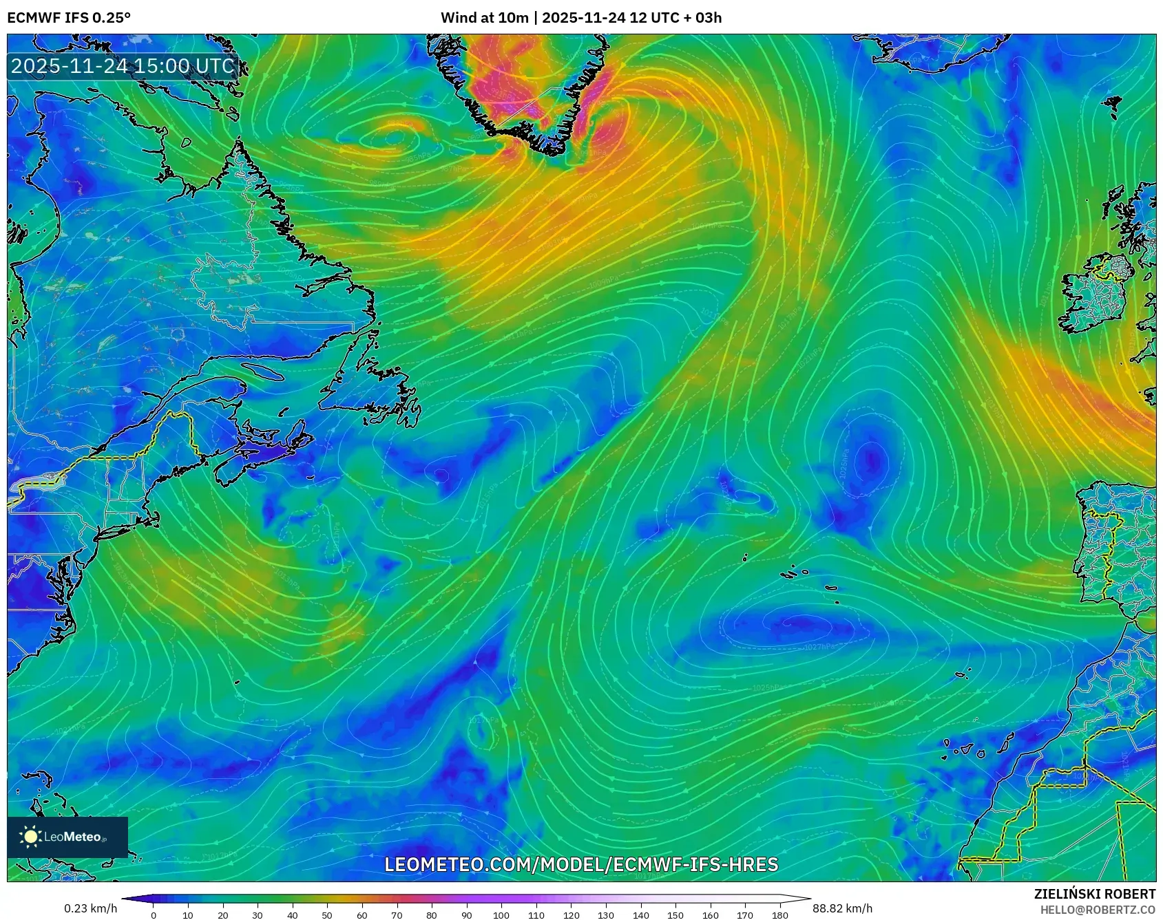 ECMWF IFS 0.25° model - North Atlantic, Wind at 10m