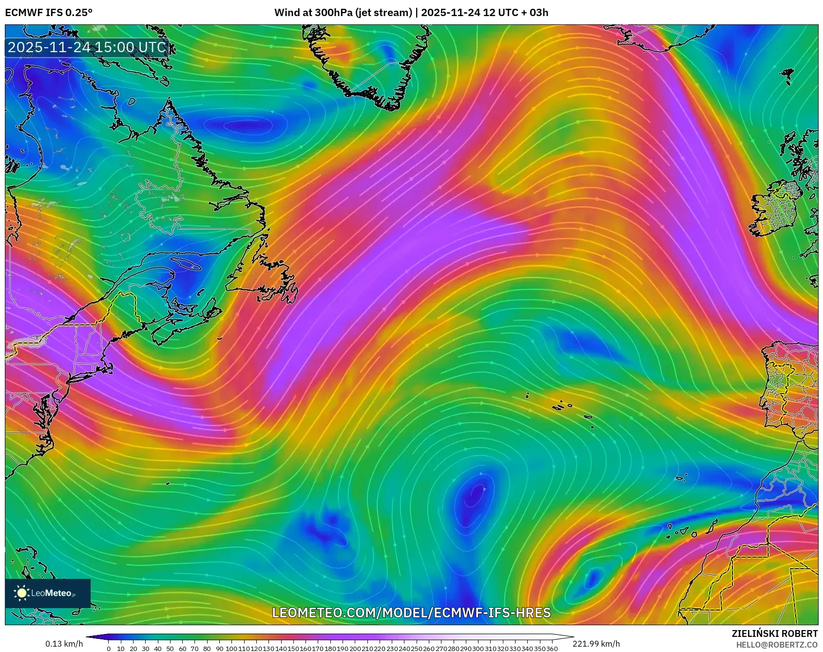 ECMWF IFS 0.25° model - North Atlantic, Wind at 300hPa (jet stream)