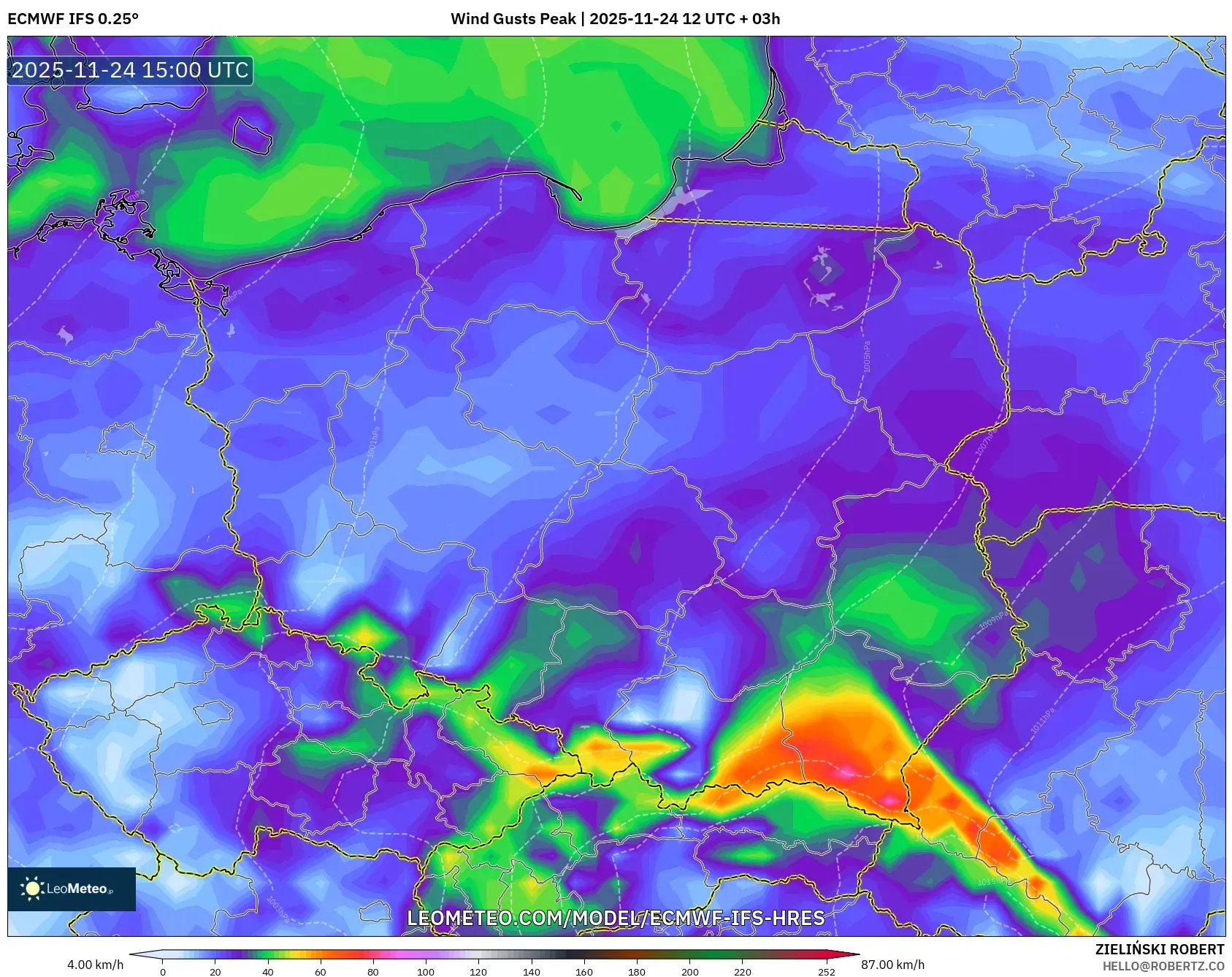 ECMWF IFS 0.25° model - Poland, Wind Gusts Peak