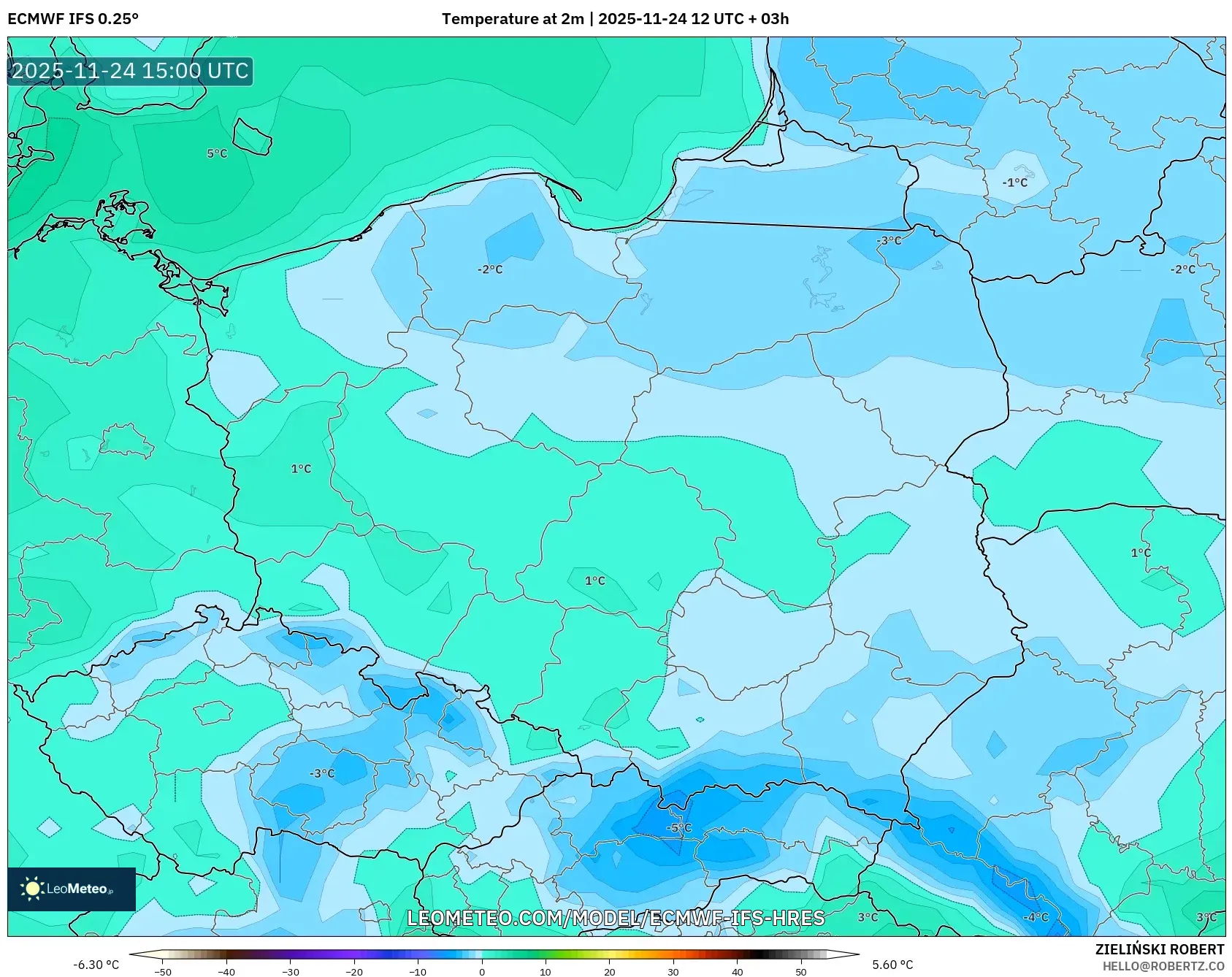 ECMWF IFS 0.25° model - Poland, Temperature at 2m