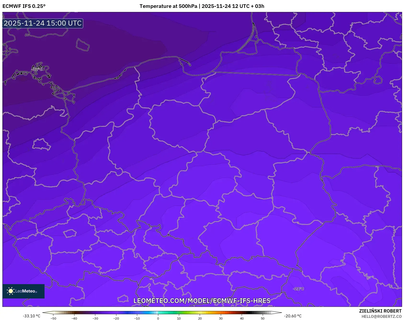 ECMWF IFS 0.25° model - Poland, Temperature at 500hPa