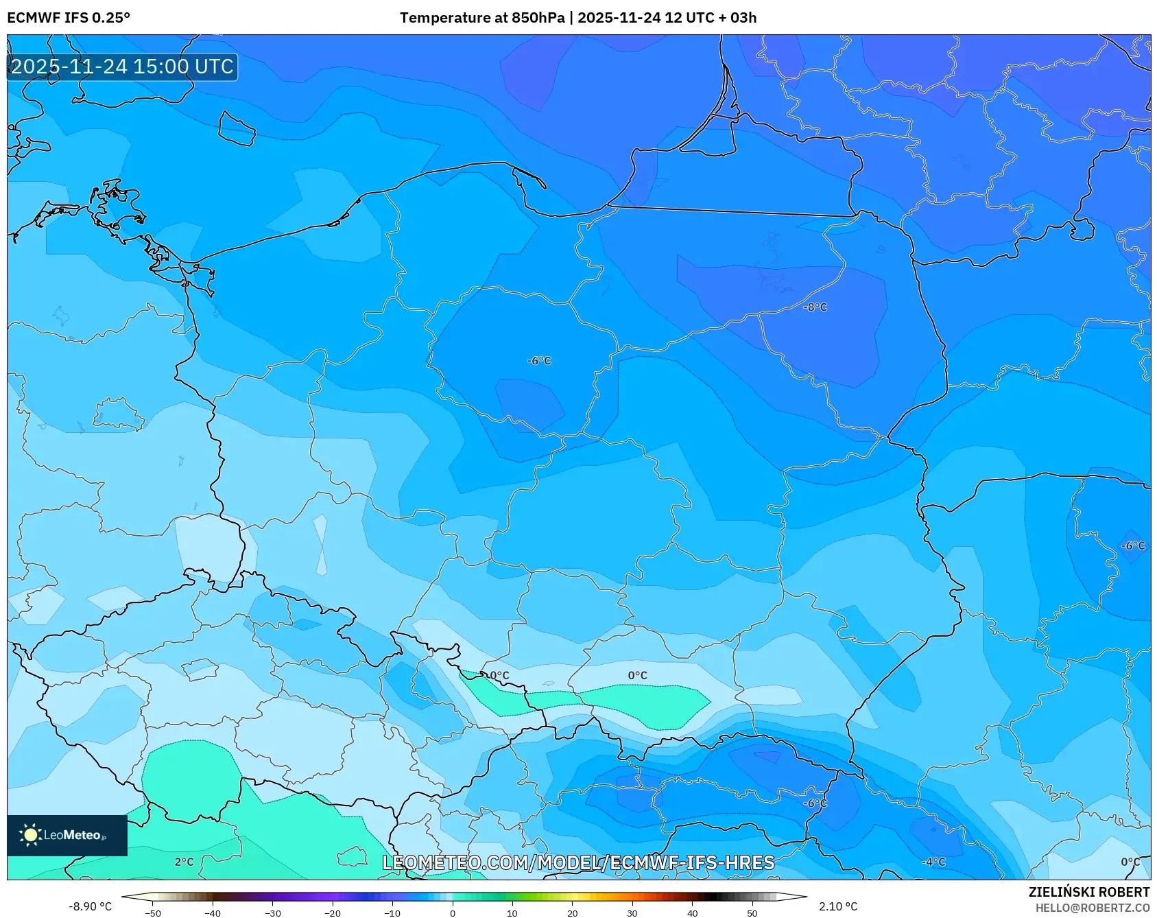 ECMWF IFS 0.25° model - Poland, Temperature at 850hPa