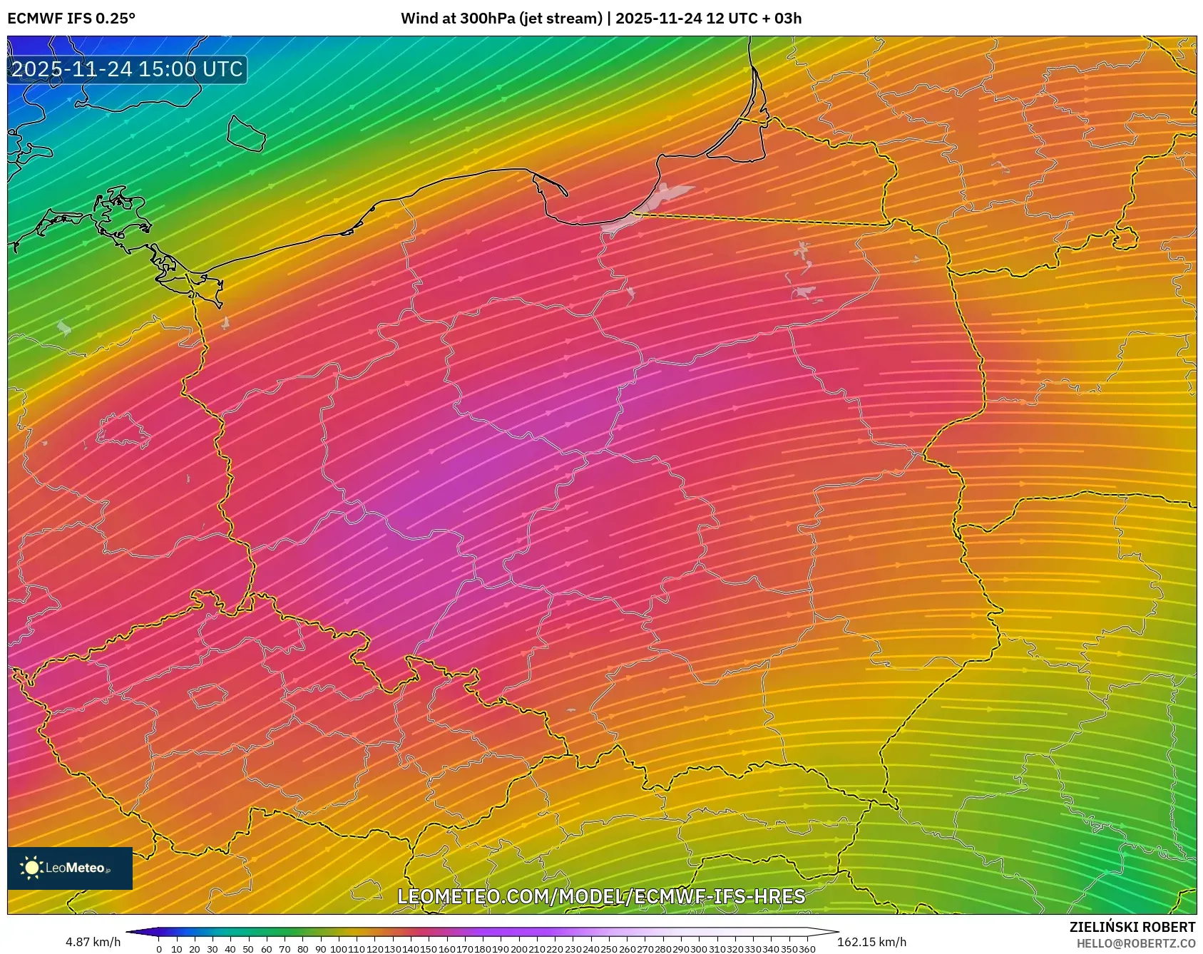 ECMWF IFS 0.25° model - Poland, Wind at 300hPa (jet stream)