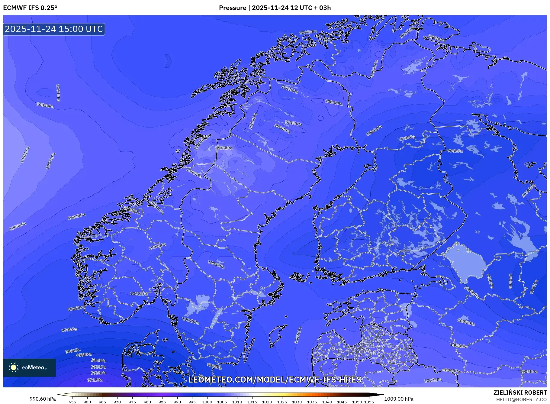 ECMWF IFS 0.25° model - Scandinavia, Pressure