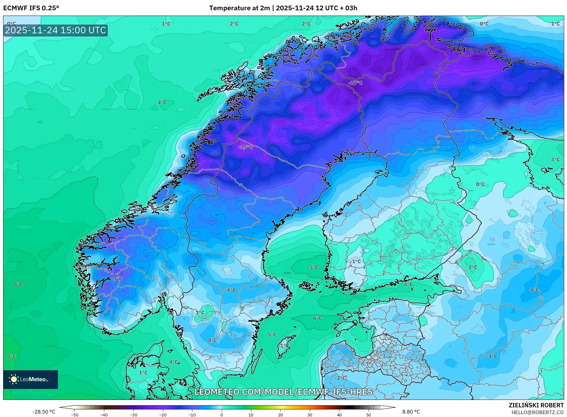 ECMWF IFS 0.25° model - Scandinavia, Temperature at 2m