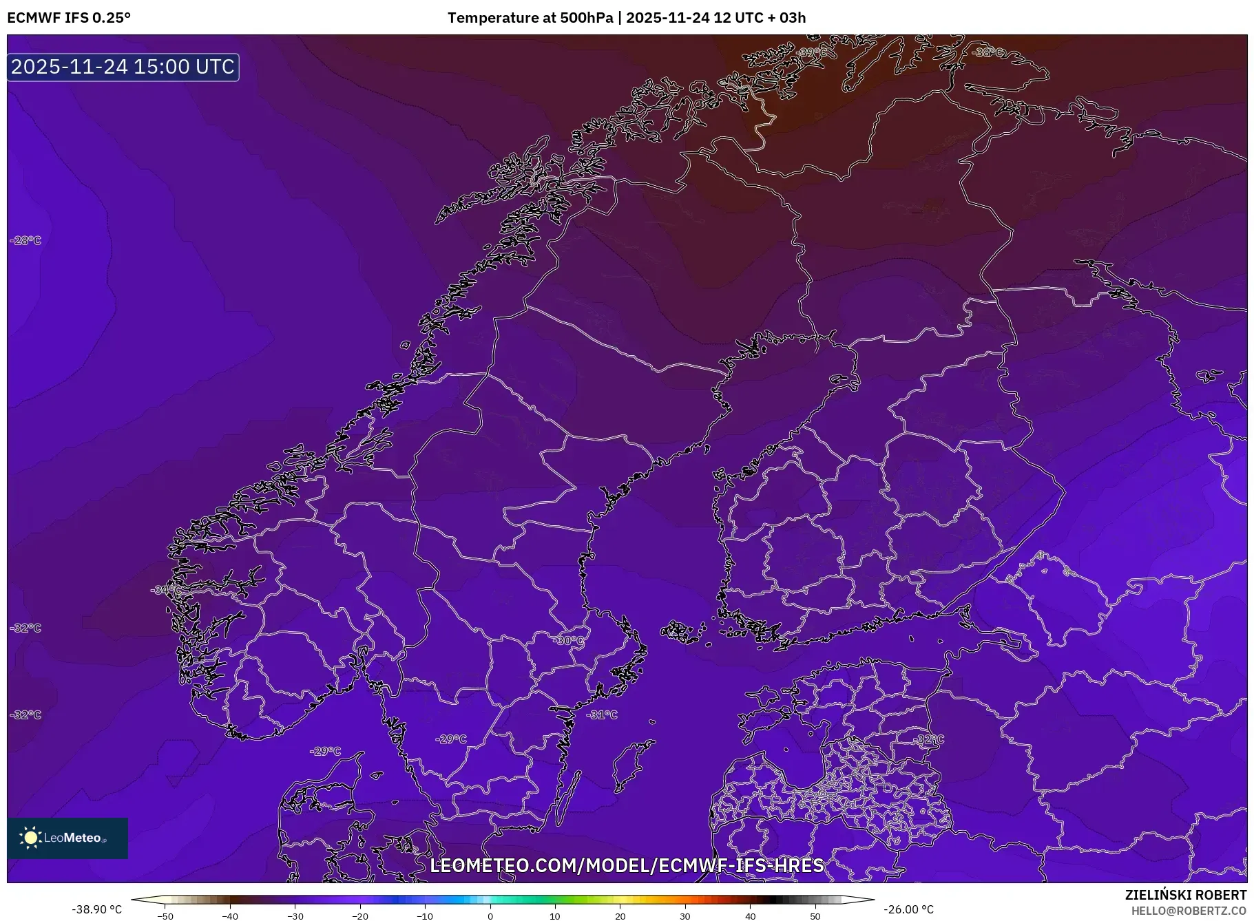 ECMWF IFS 0.25° model - Scandinavia, Temperature at 500hPa