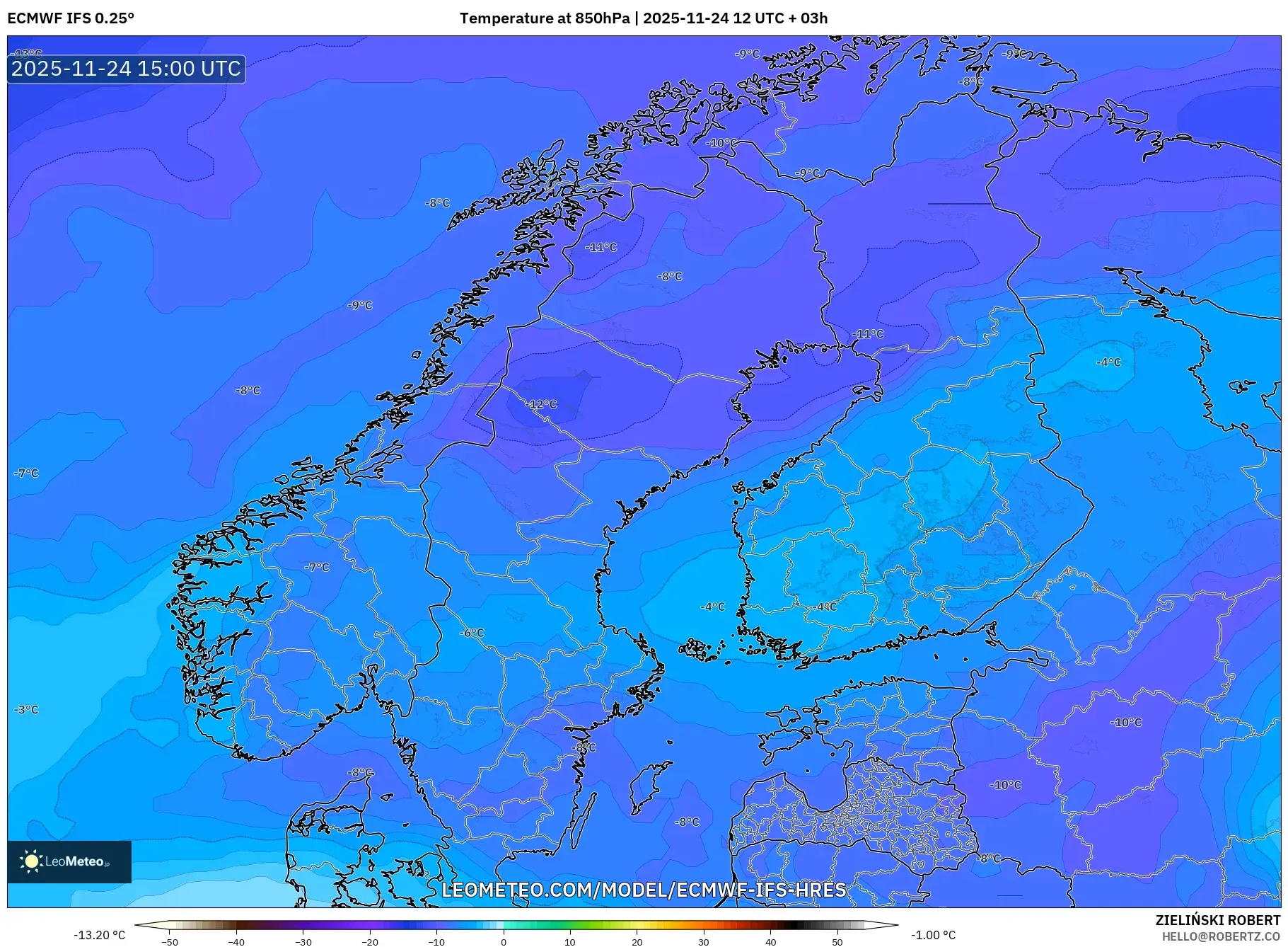 ECMWF IFS 0.25° model - Scandinavia, Temperature at 850hPa