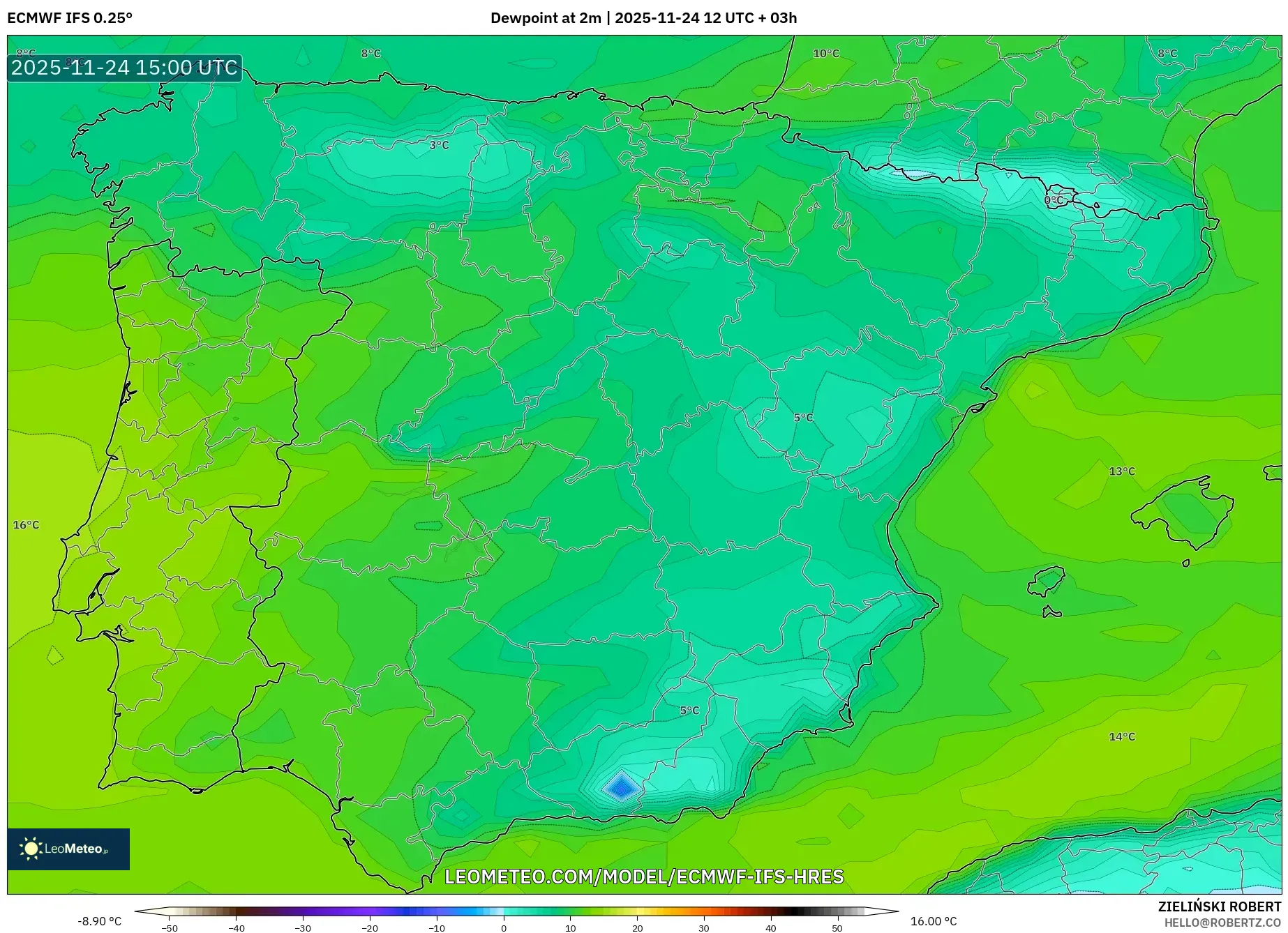 ECMWF IFS 0.25° model - Spain, Dewpoint at 2m