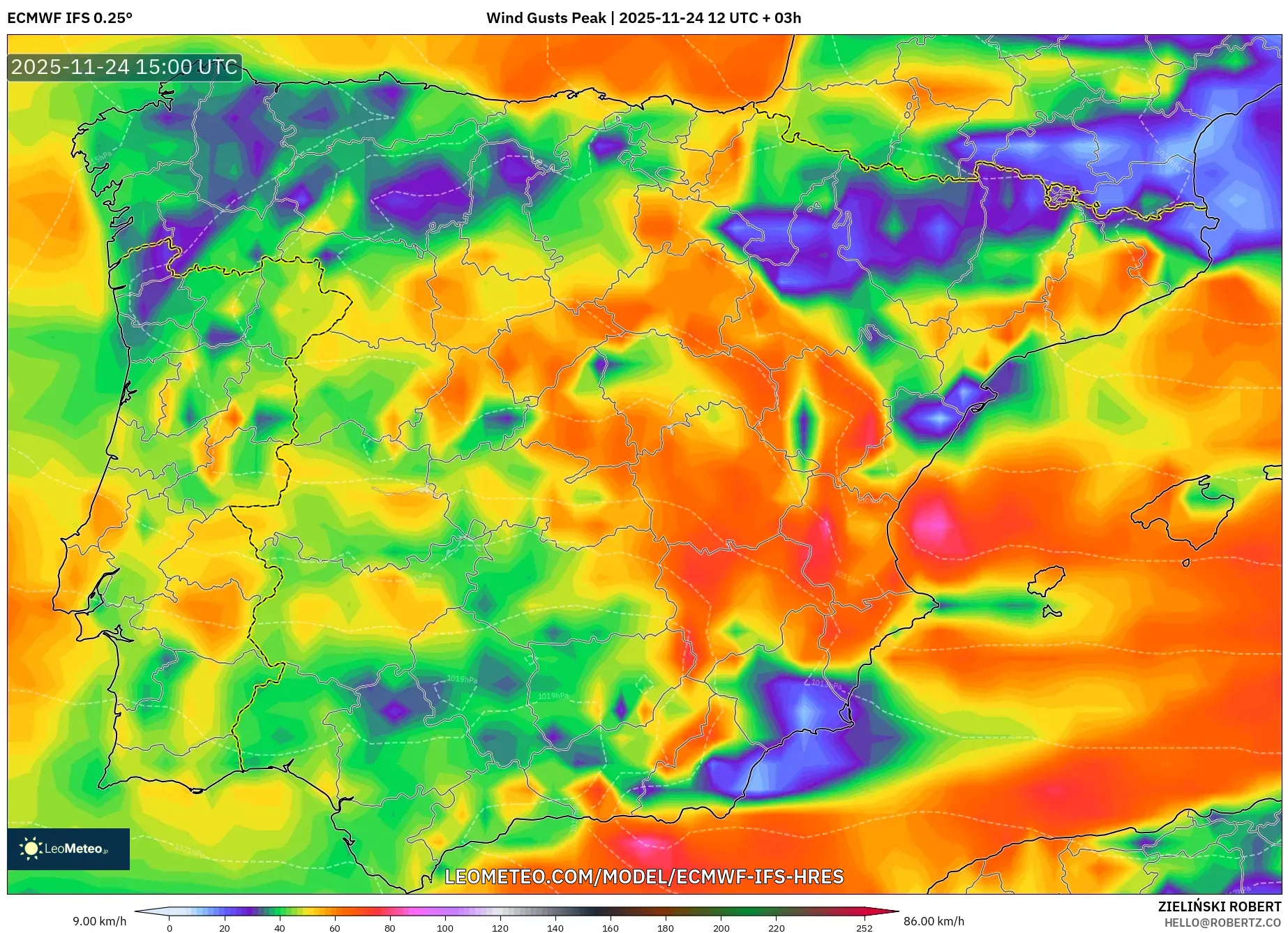 ECMWF IFS 0.25° model - Spain, Wind Gusts Peak
