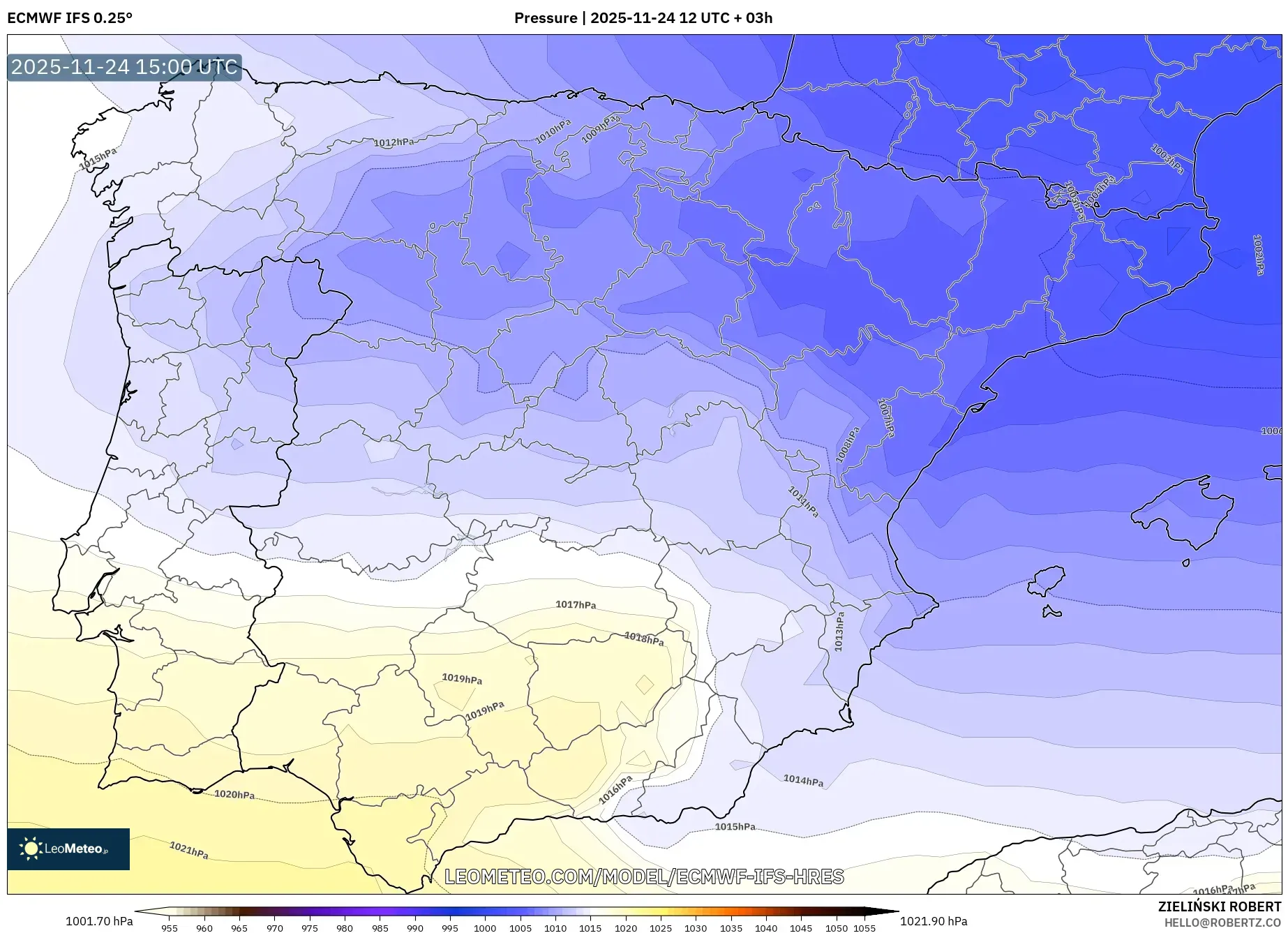 ECMWF IFS 0.25° model - Spain, Pressure