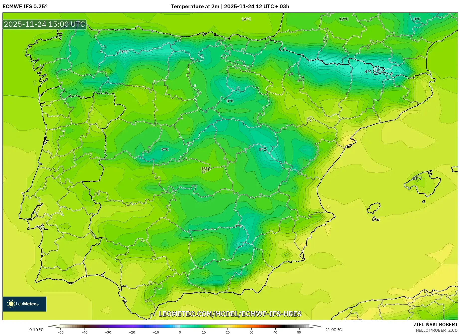 ECMWF IFS 0.25° model - Spain, Temperature at 2m
