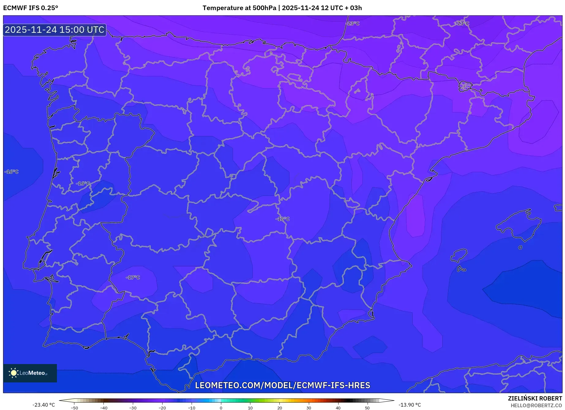 ECMWF IFS 0.25° model - Spain, Temperature at 500hPa