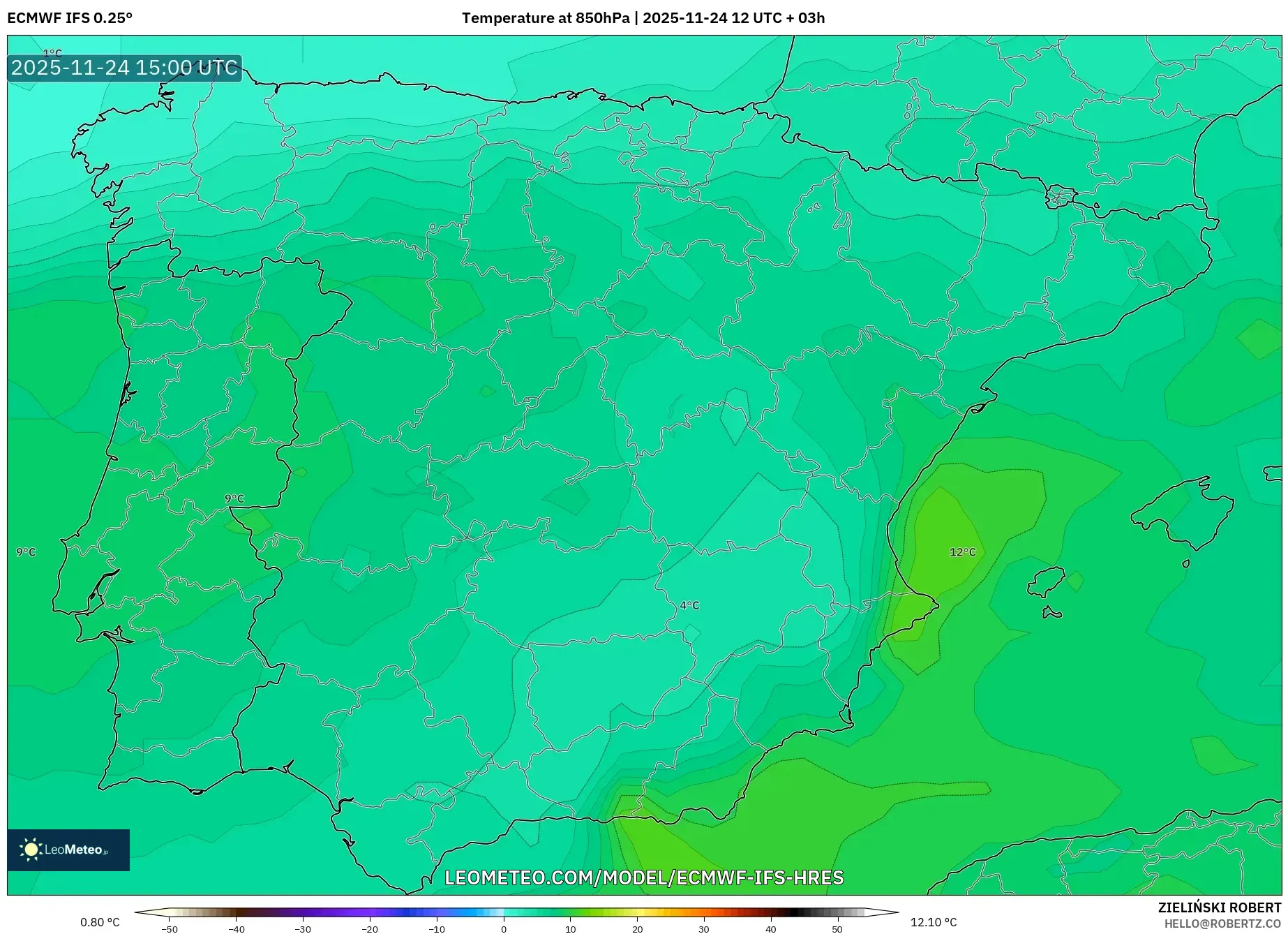 ECMWF IFS 0.25° model - Spain, Temperature at 850hPa