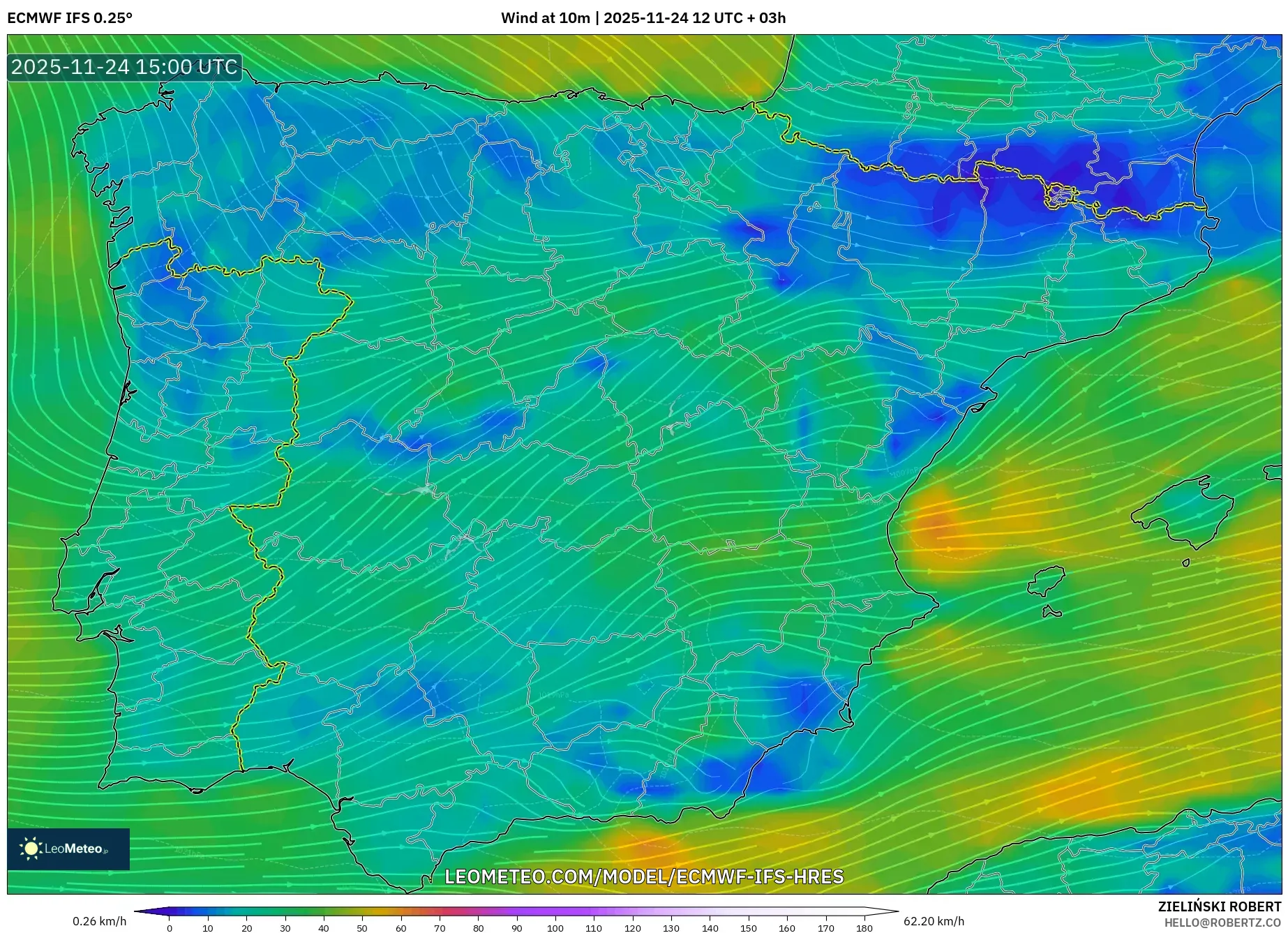 ECMWF IFS 0.25° model - Spain, Wind at 10m