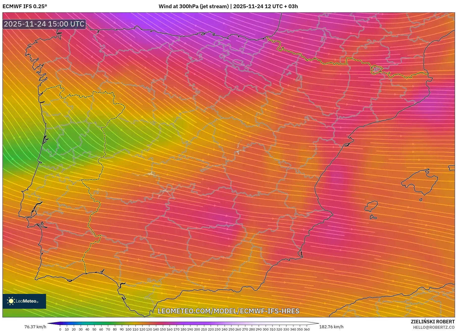 ECMWF IFS 0.25° model - Spain, Wind at 300hPa (jet stream)