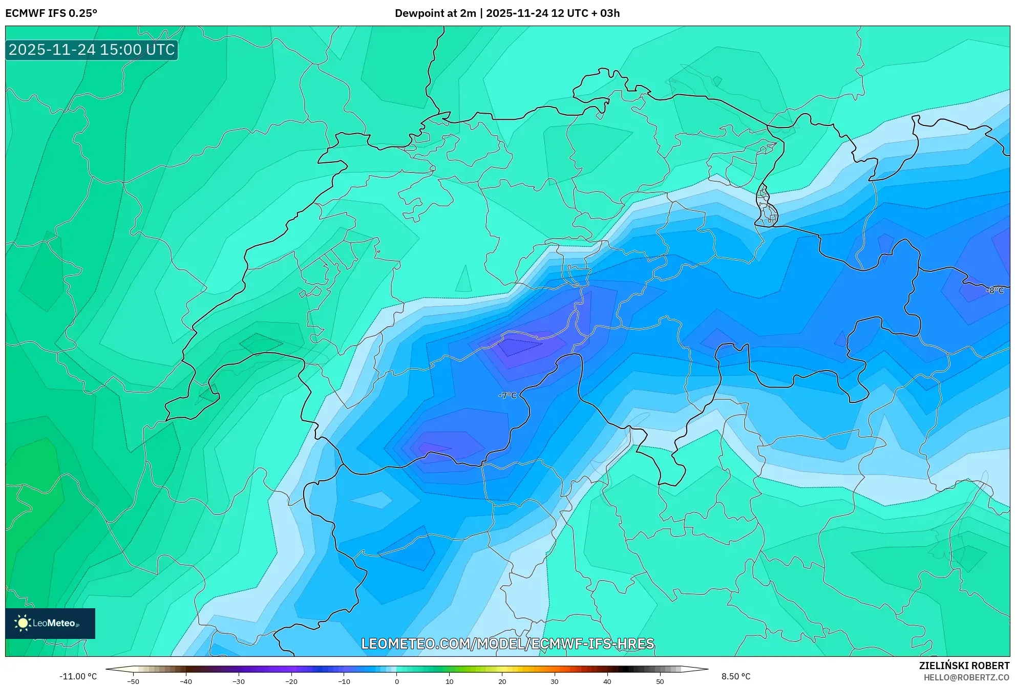 ECMWF IFS 0.25° model - Switzerland, Dewpoint at 2m