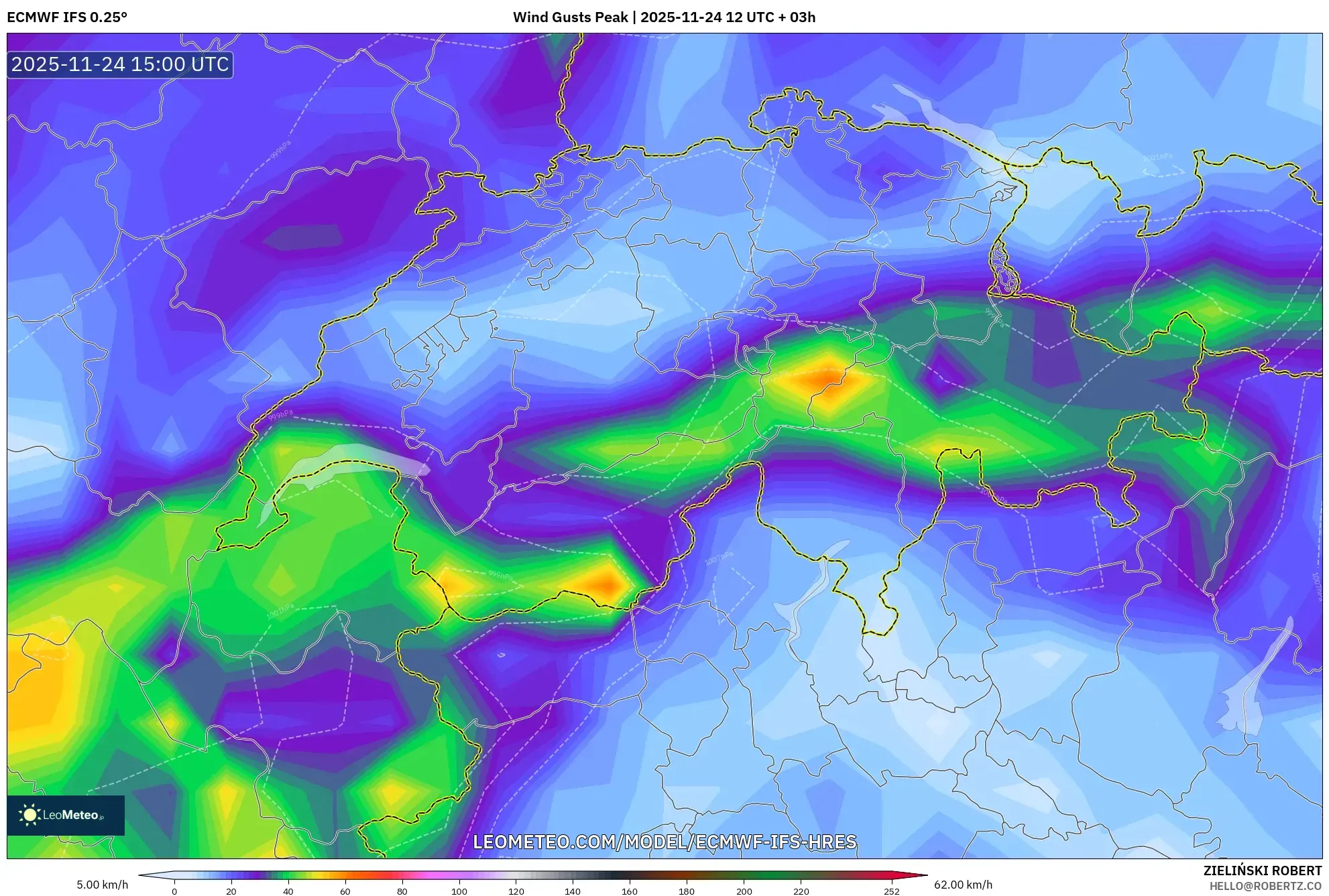 ECMWF IFS 0.25° model - Switzerland, Wind Gusts Peak