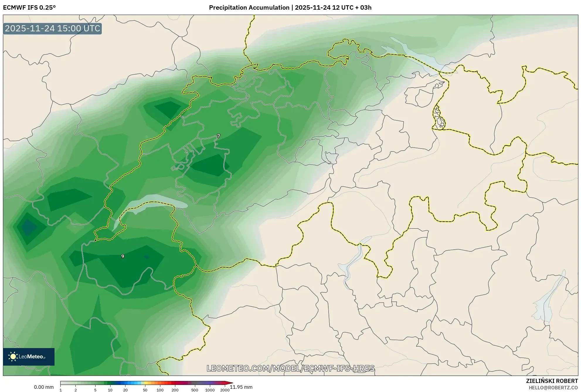 ECMWF IFS 0.25° model - Switzerland, Precipitation Accumulation