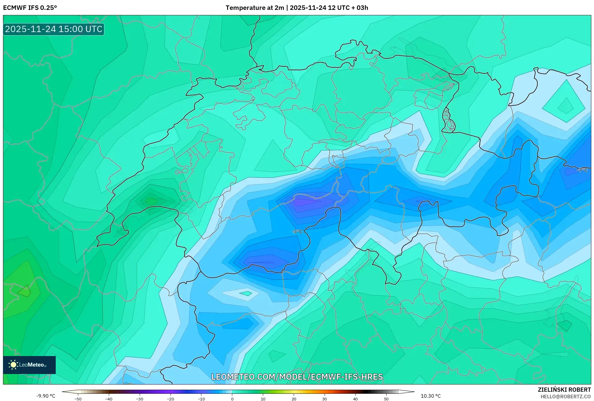 ECMWF IFS 0.25° model - Switzerland, Temperature at 2m