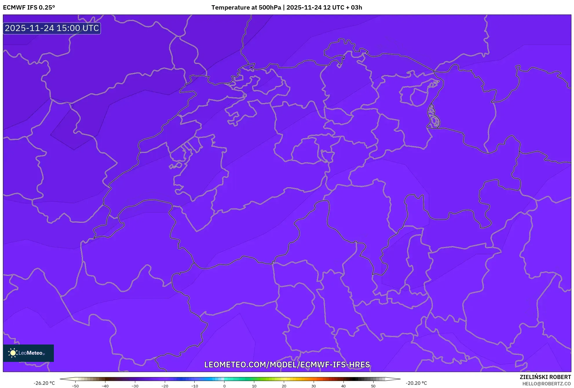 ECMWF IFS 0.25° model - Switzerland, Temperature at 500hPa