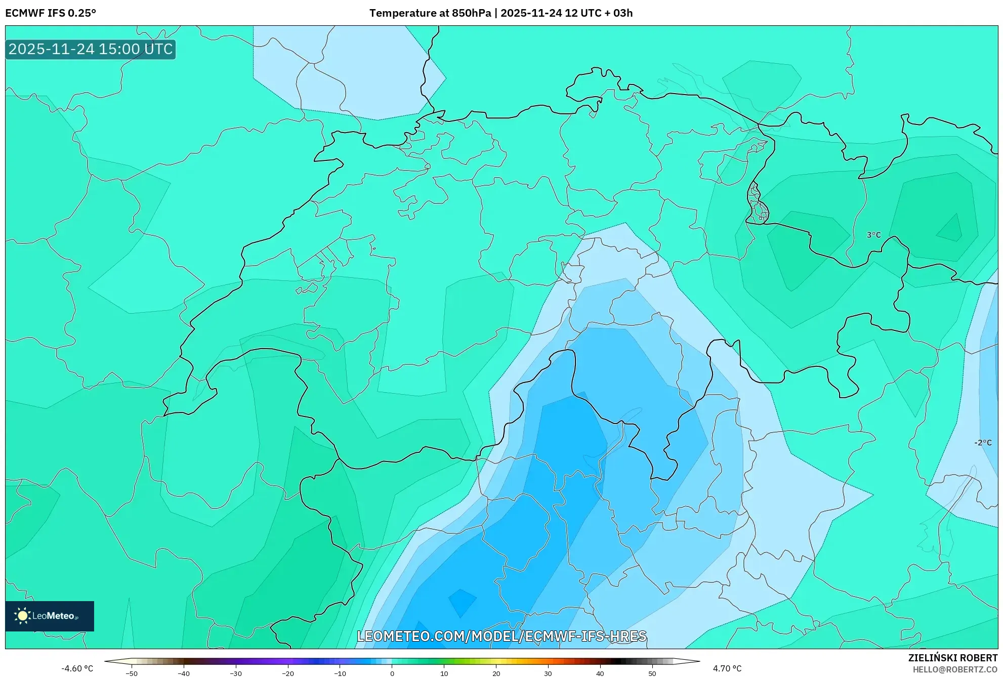 ECMWF IFS 0.25° model - Switzerland, Temperature at 850hPa