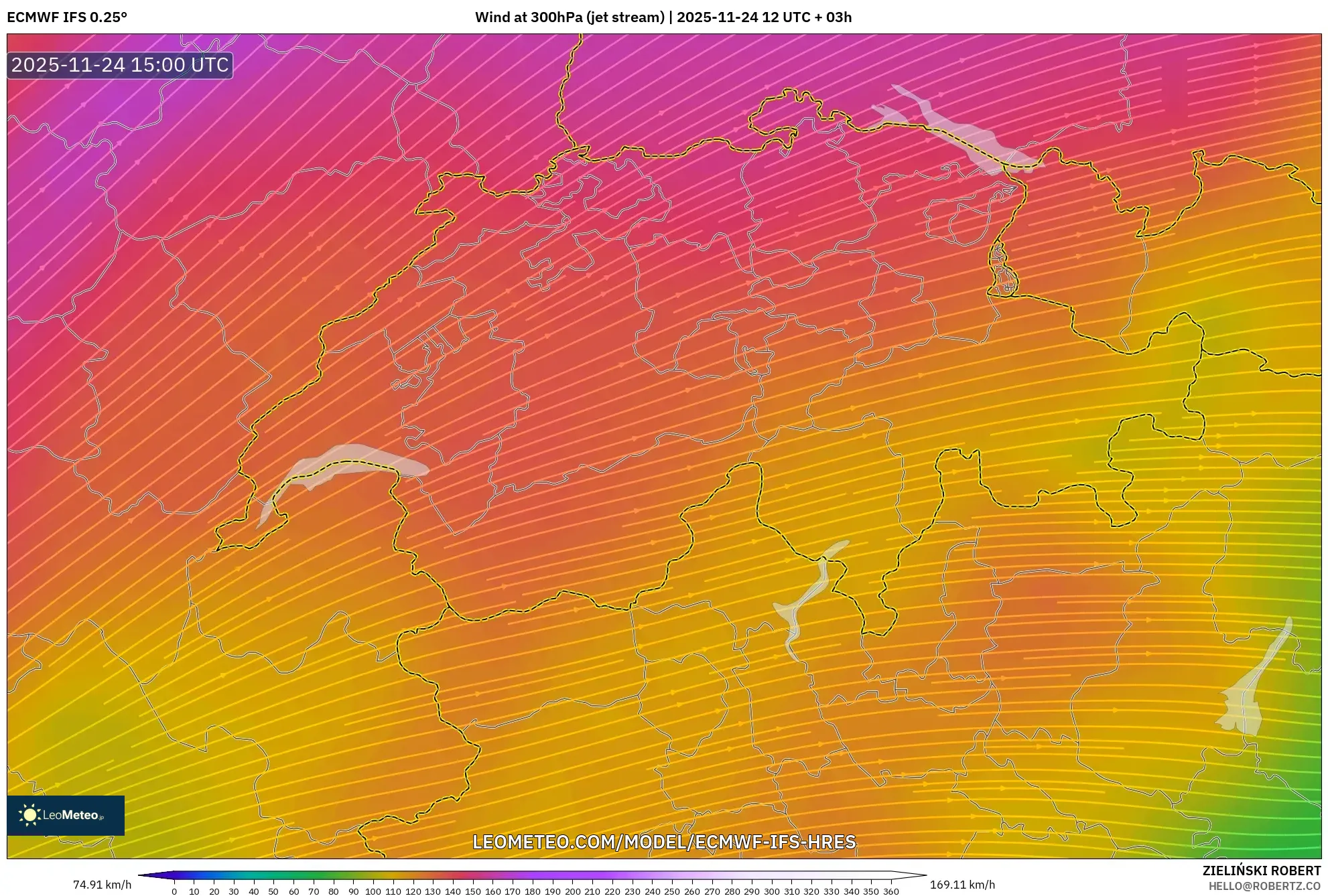 ECMWF IFS 0.25° model - Switzerland, Wind at 300hPa (jet stream)