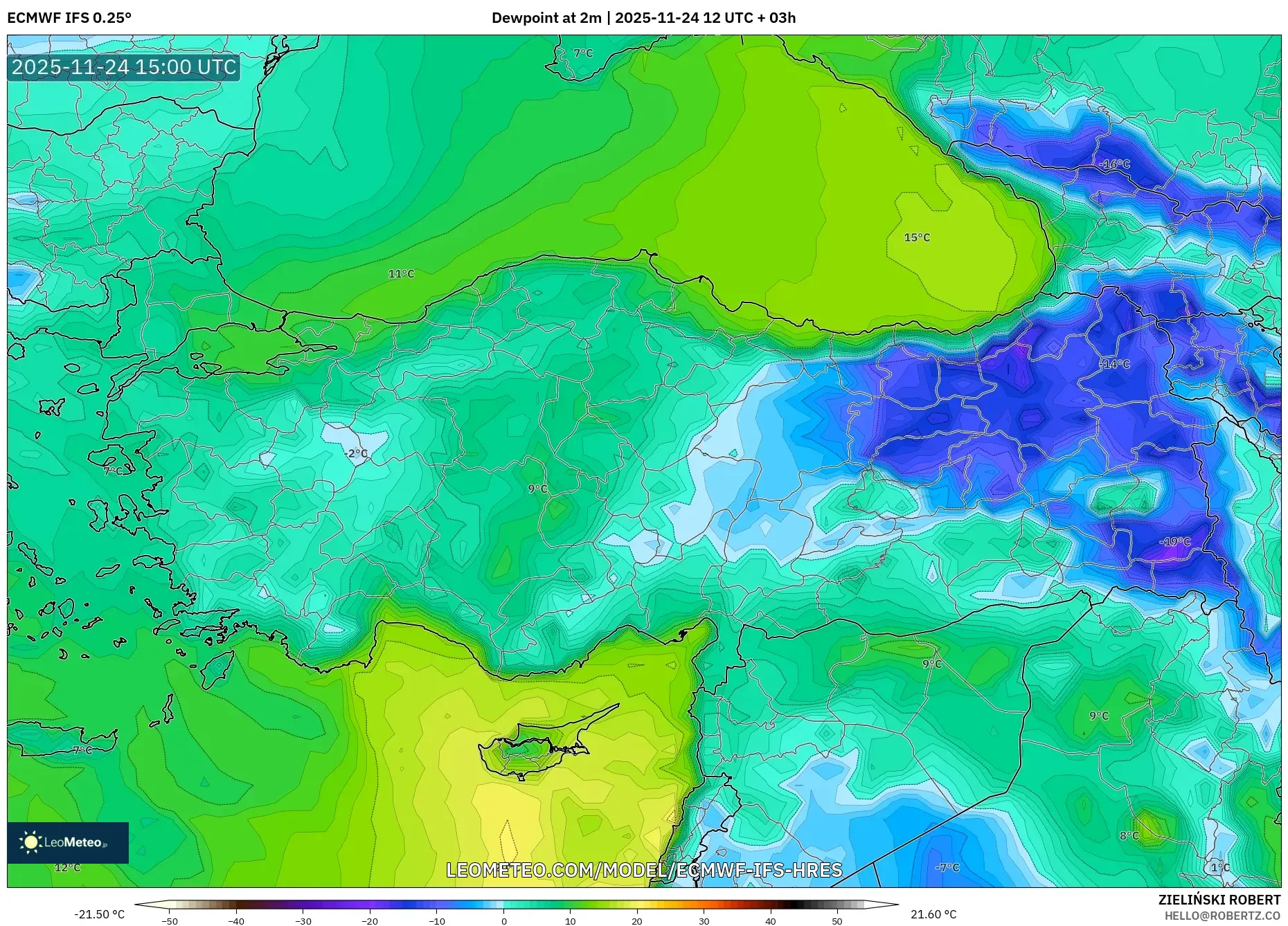 ECMWF IFS 0.25° model - Turkey, Dewpoint at 2m