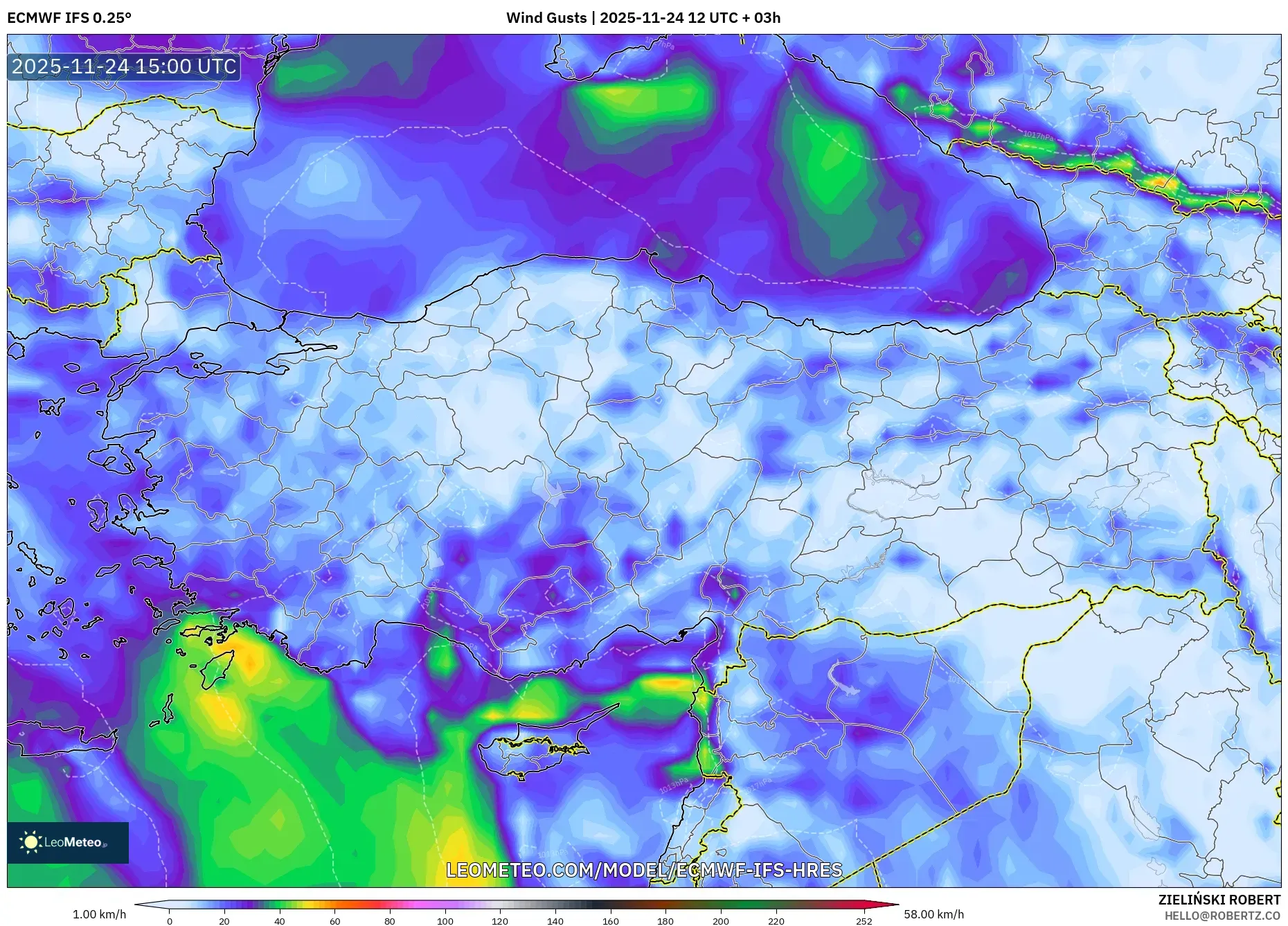 ECMWF IFS 0.25° model - Turkey, Wind Gusts