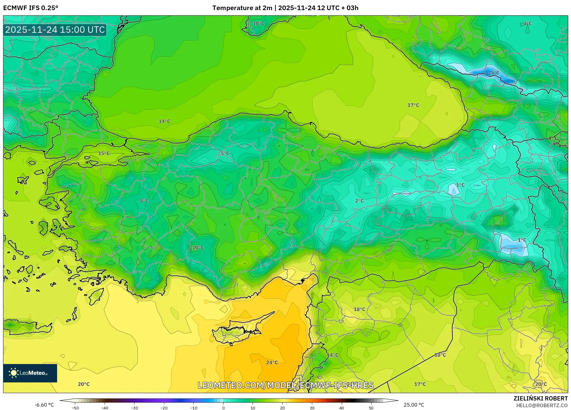 ECMWF IFS 0.25° model - Turkey, Temperature at 2m