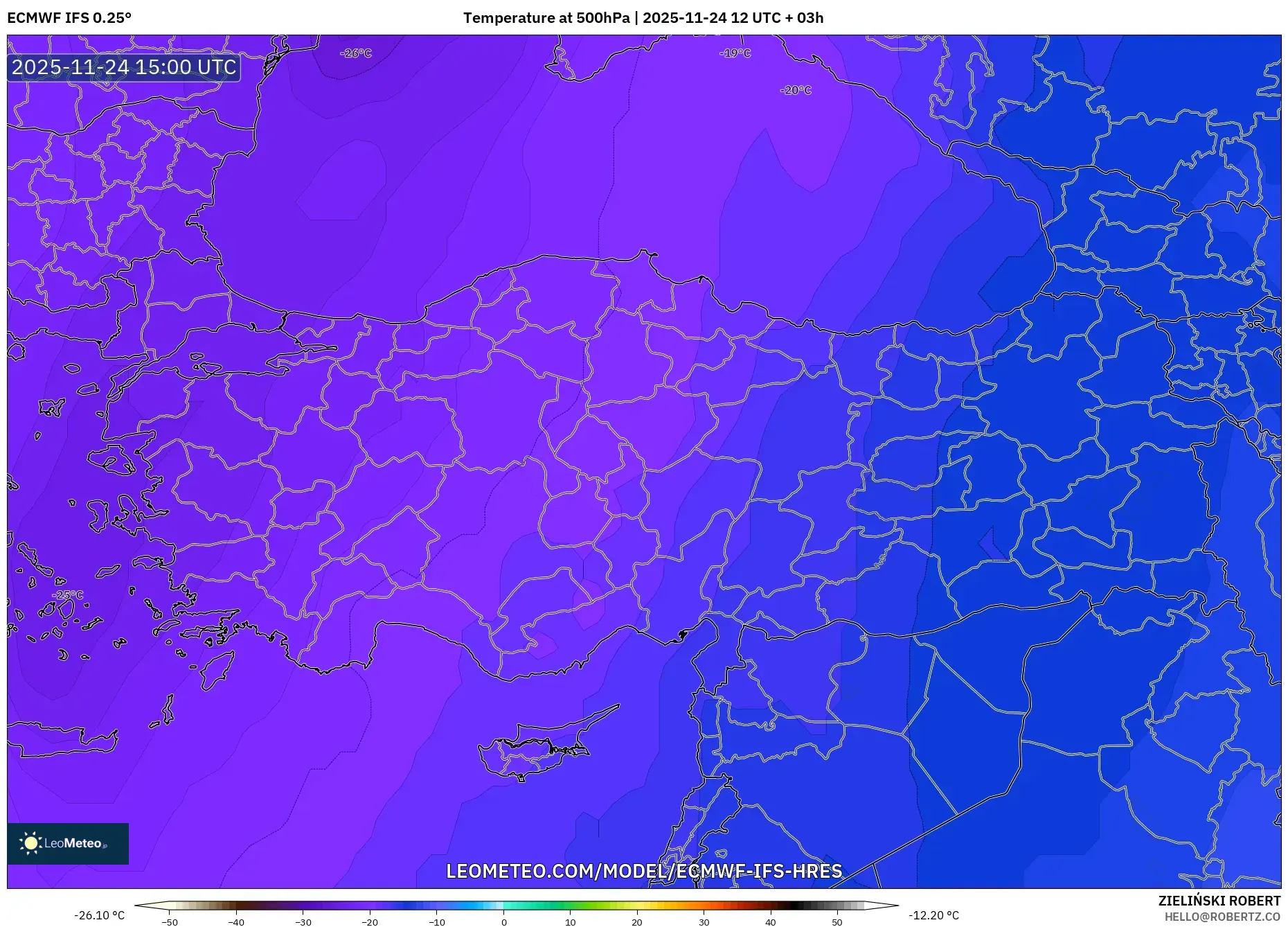 ECMWF IFS 0.25° model - Turkey, Temperature at 500hPa