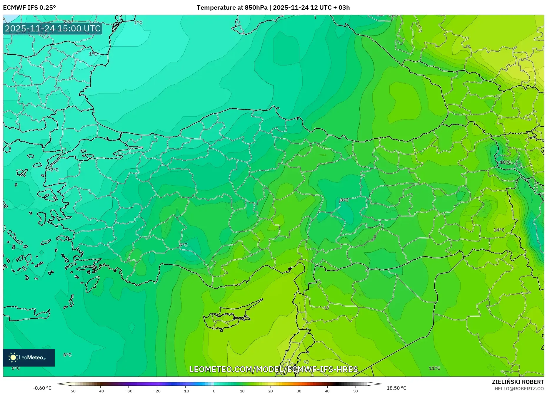 ECMWF IFS 0.25° model - Turkey, Temperature at 850hPa