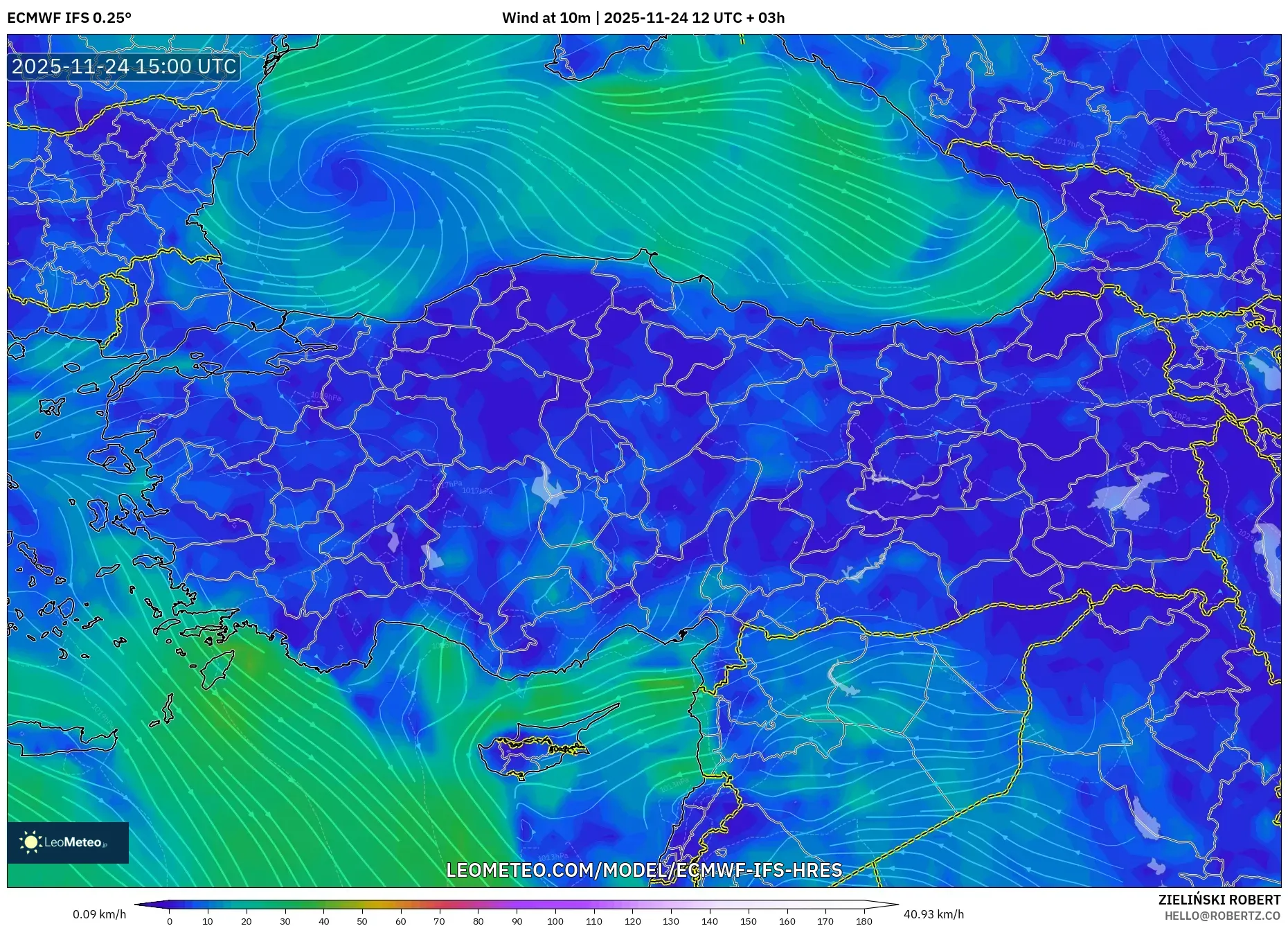 ECMWF IFS 0.25° model - Turkey, Wind at 10m