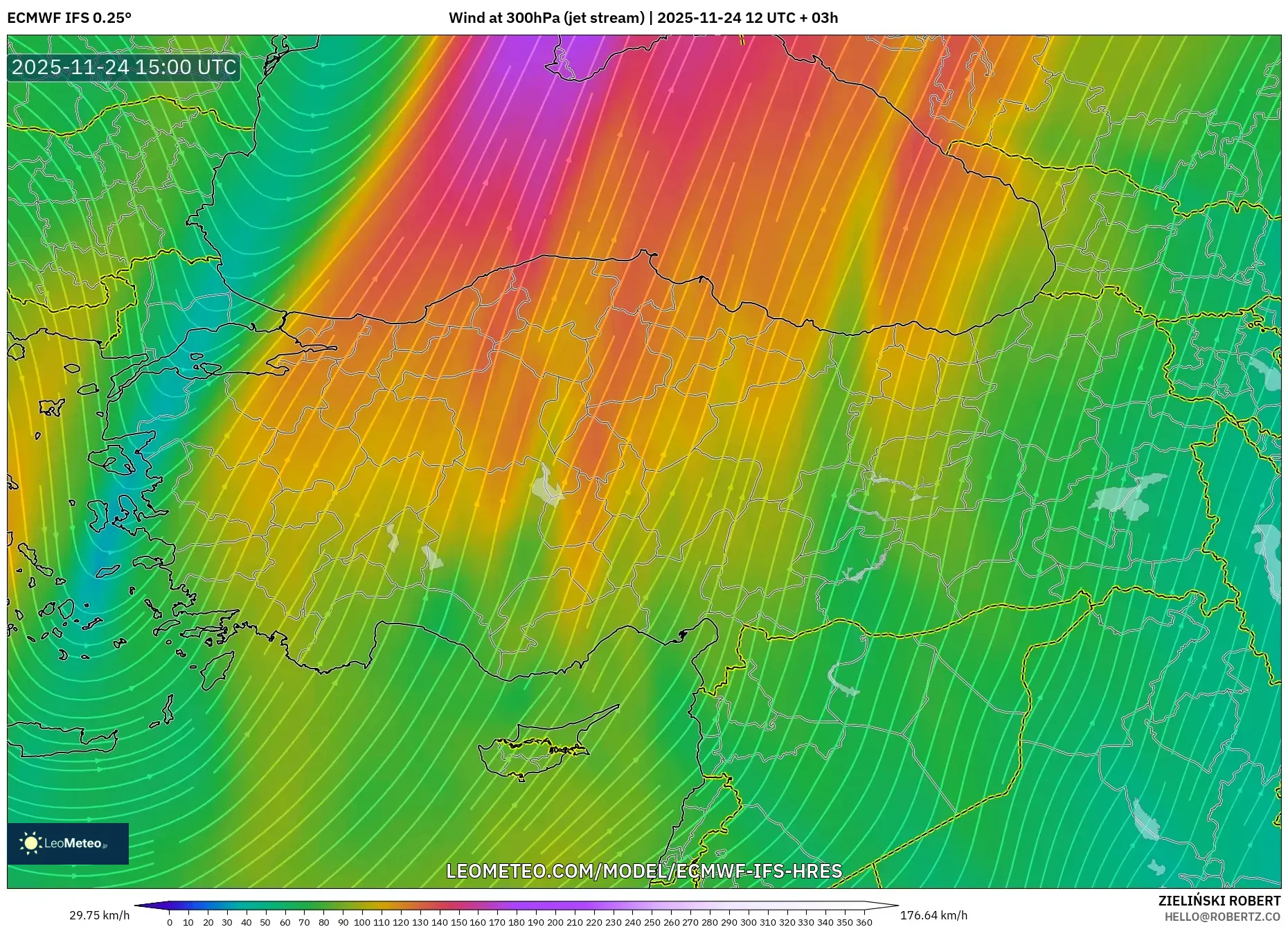 ECMWF IFS 0.25° model - Turkey, Wind at 300hPa (jet stream)