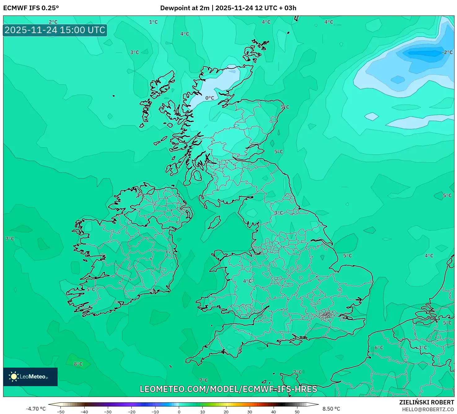 ECMWF IFS 0.25° model - United Kingdom, Dewpoint at 2m