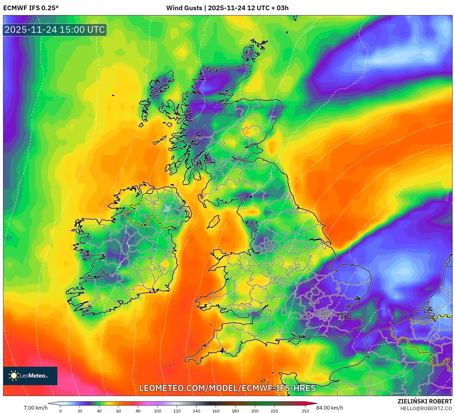 ECMWF IFS 0.25° model - United Kingdom, Wind Gusts